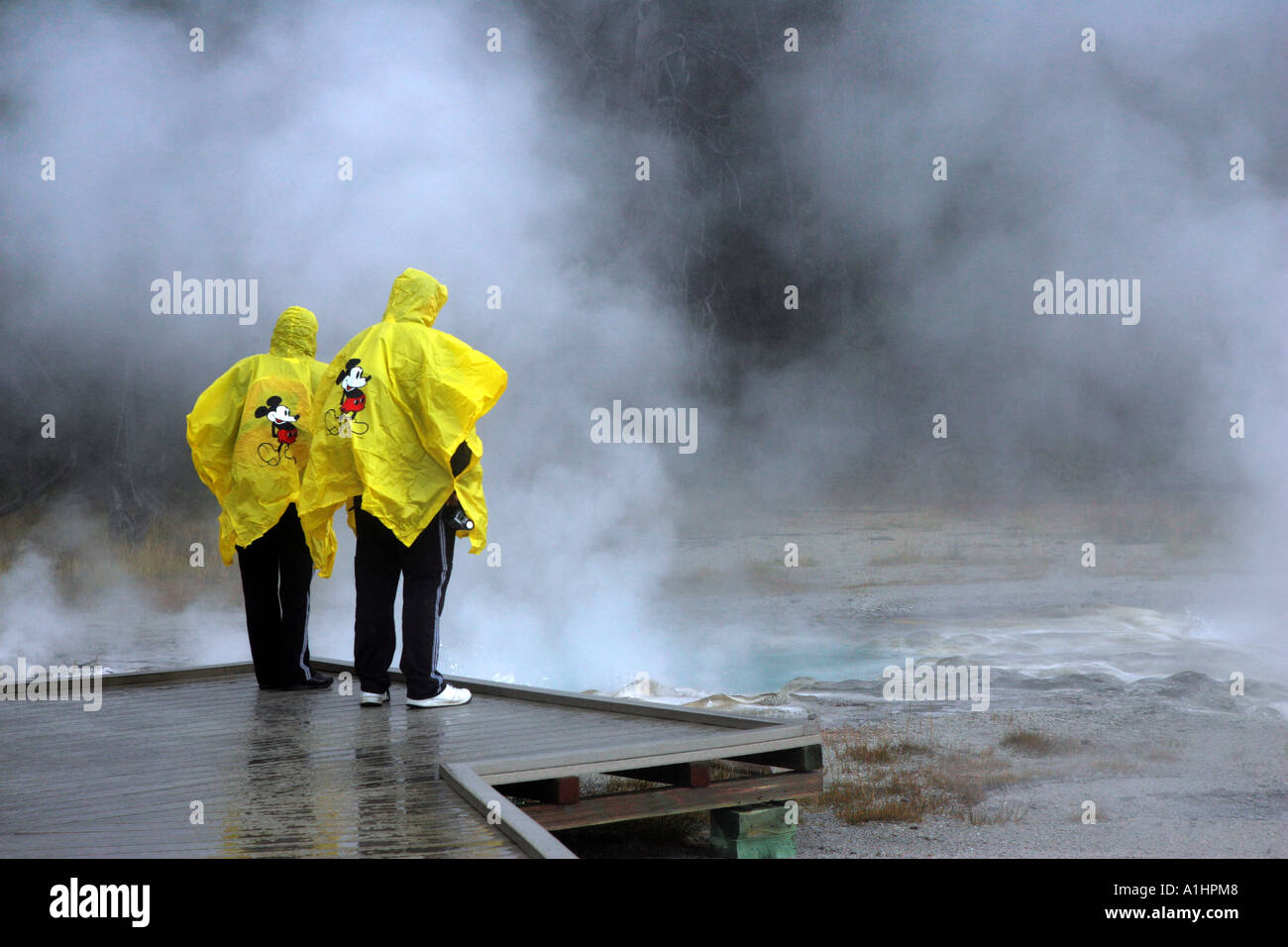 Due persone in giallo pioggia mantelli sul Boardwalk guardando la spasmodica geyser nei pressi della vecchia fedeli nel Parco Nazionale di Yellowstone Foto Stock