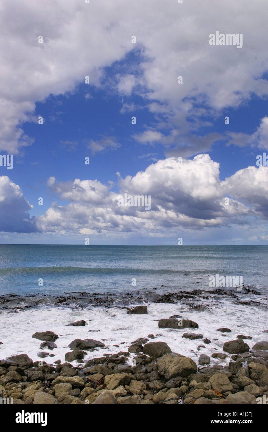 Vista sul mare con spiaggia rocciosa in primo piano Isola del Sud della Nuova Zelanda Foto Stock