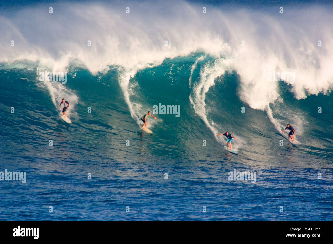 Quattro surfers tentare di catturare la stessa onda su un grande, affollato di giorno a Waimea Bay, Oahu, Hawaii Foto Stock