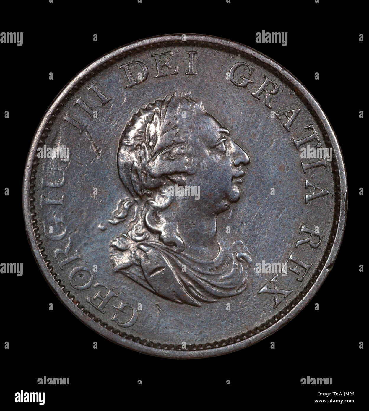 Il re George III 3 Reg fid def pre mezzo decimale penny vecchi pence P 1799 rame testa luminoso a destra i capelli lunghi saliscendi curl Foto Stock