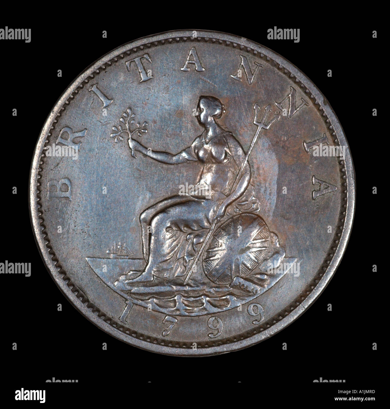 Il re George III 3 Reg fid def pre mezzo decimale penny vecchi pence P 1799 rame luminoso schermo Britannia trident mare casco BANDIERA Foto Stock