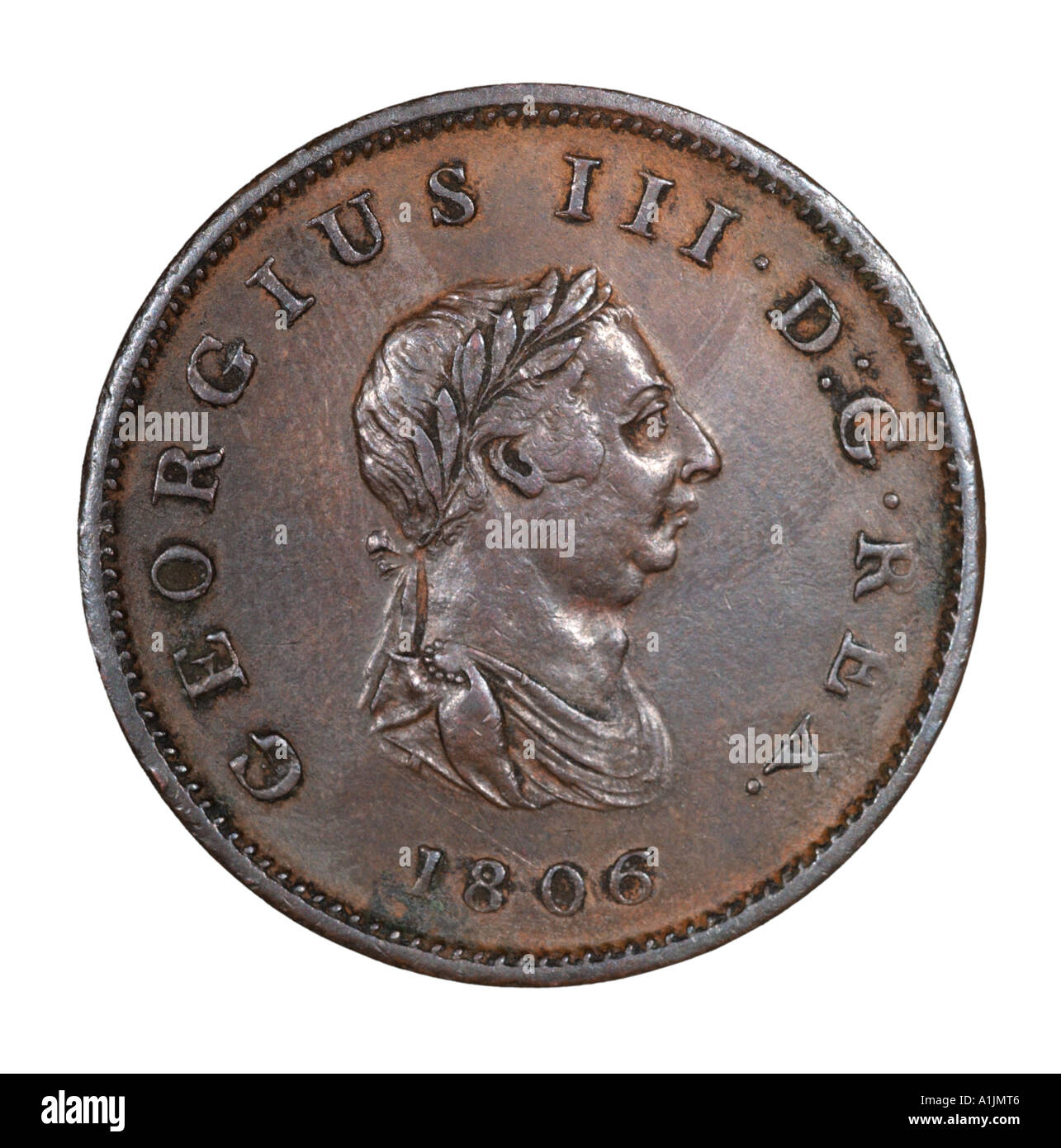 Il re George III 3 Reg fid def pre mezzo decimale penny vecchi pence P 1806 rame testa luminosa destra foglia di alloro Foto Stock