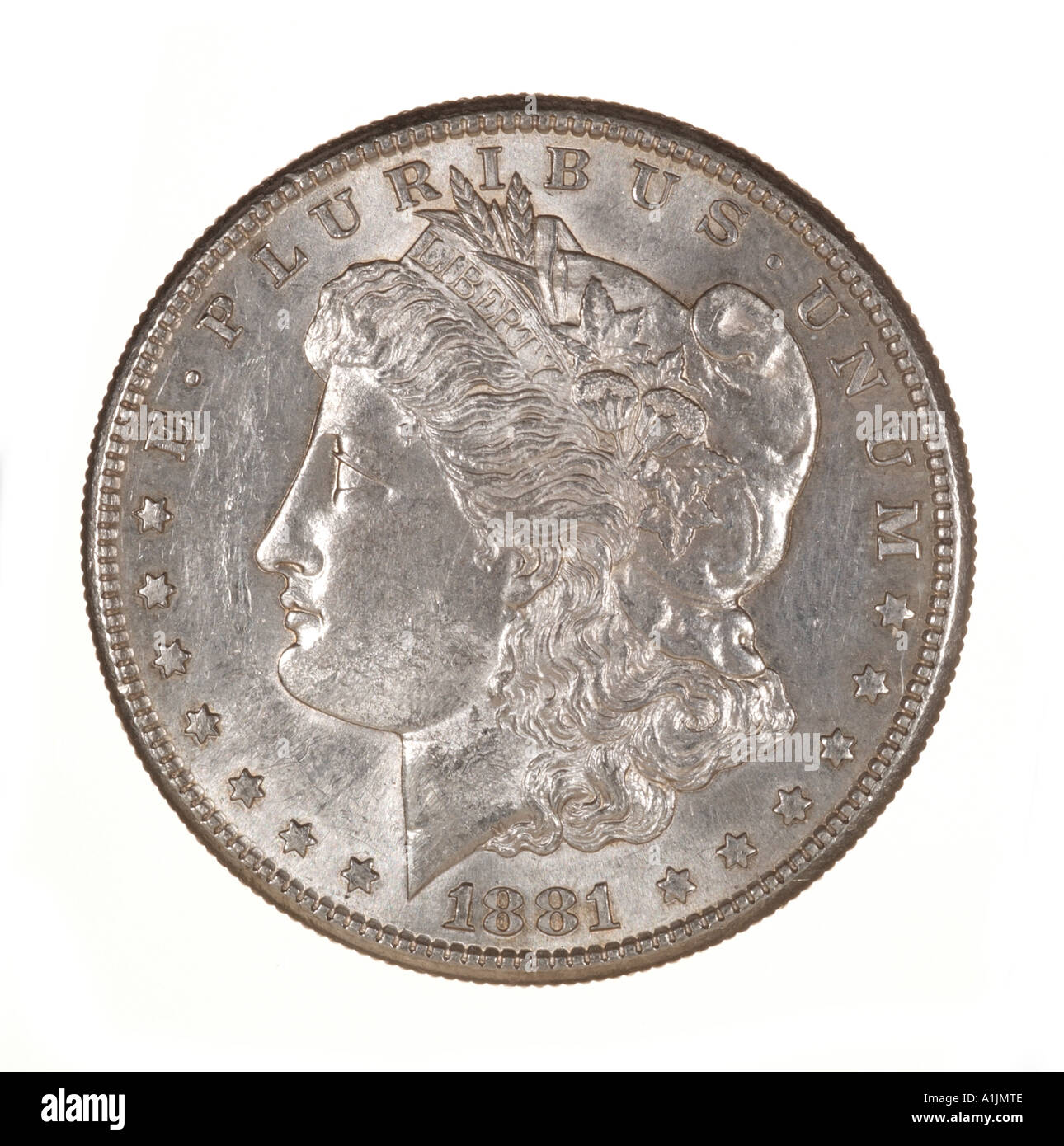 1881 morgan silver dollar US Stati Uniti d'America America American Stati Uniti 100 centesimi di un centinaio di testa decimale a sinistra Foto Stock