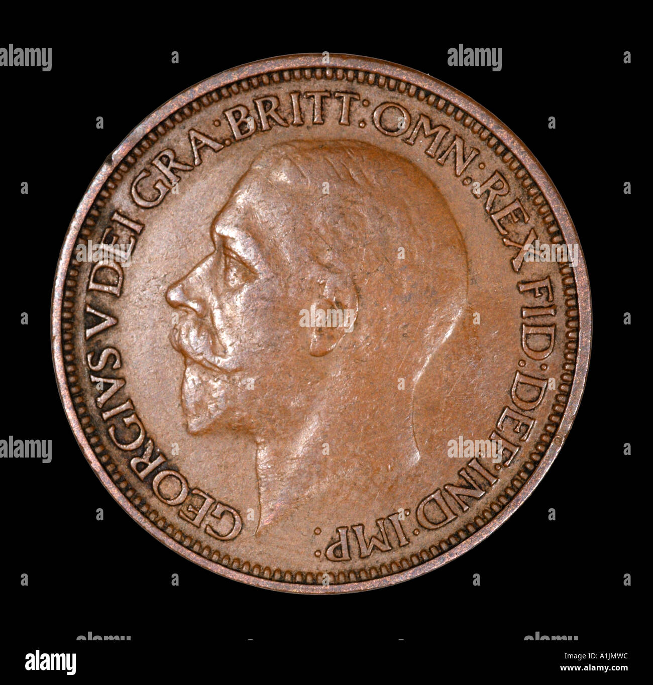 King George V 5 Reg fid def pre mezzo decimale penny vecchi pence P 1927 rame testa brillante BARBA BAFFI A SINISTRA Foto Stock