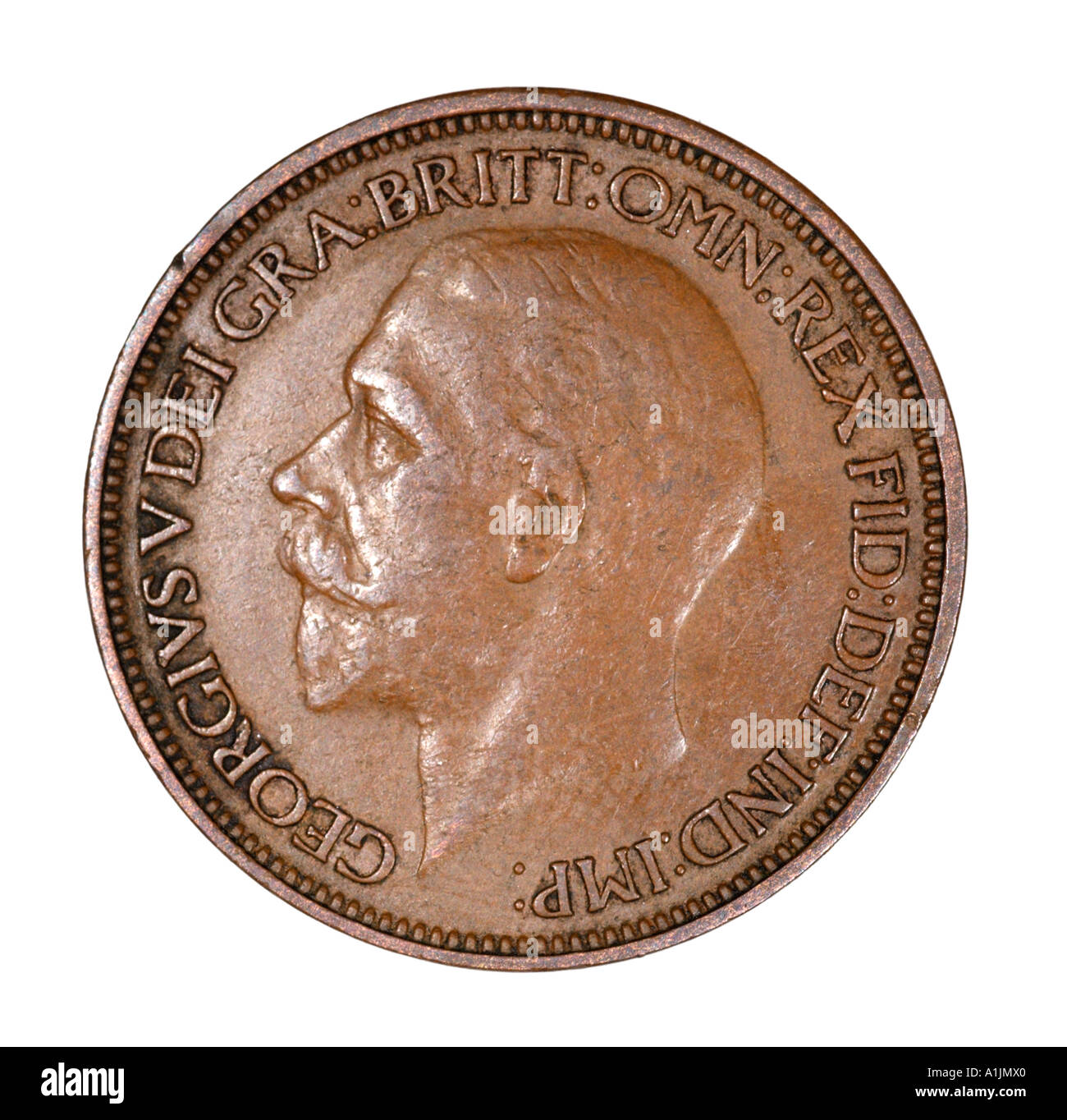 King George V 5 Reg fid def pre mezzo decimale penny vecchi pence P 1927 rame testa brillante BARBA BAFFI A SINISTRA Foto Stock