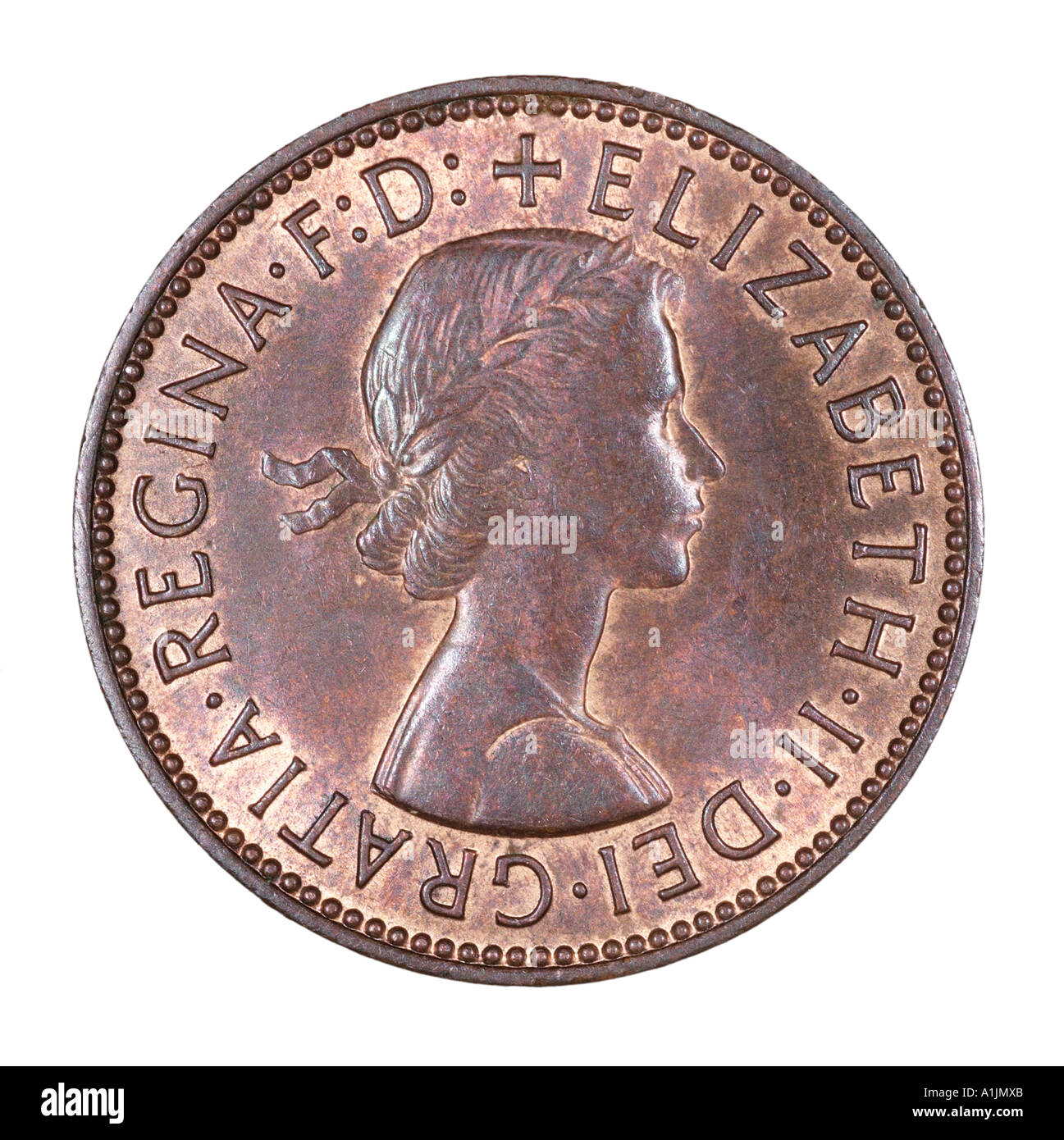 La regina Elisabetta Regina II 2 Reg fid def pre mezzo decimale penny vecchi pence P 1967 rame testa brillante profilo destro gratia Foto Stock