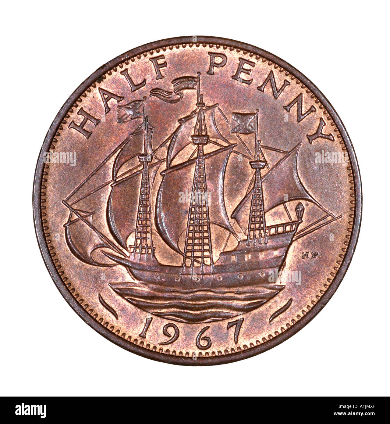 Queen Elizabeth II 2 Reg fid def pre mezzo decimale penny vecchi pence P 1967 rame bright barca vela marittimo fregata marino Foto Stock