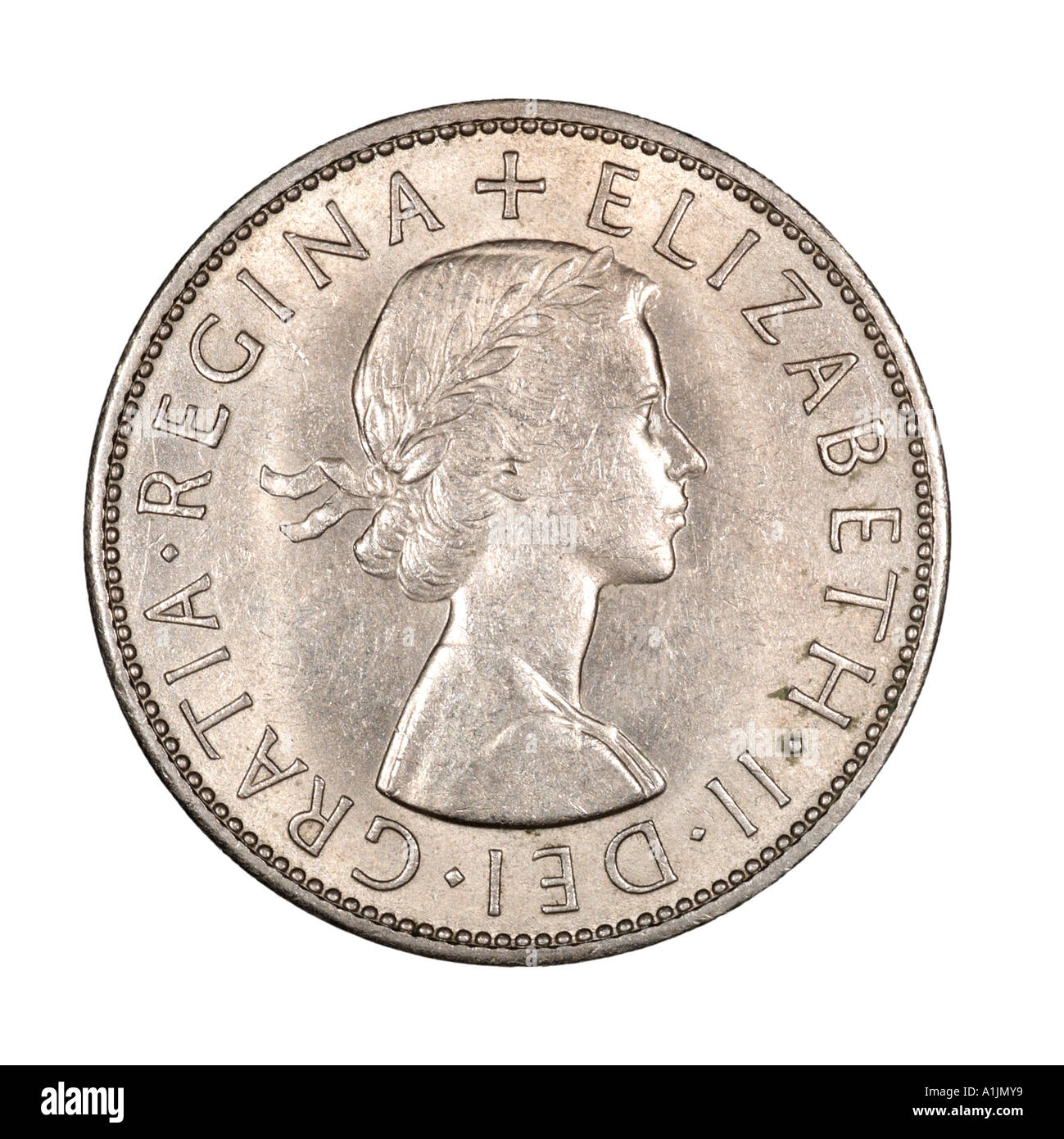Queen Elizabeth II 2 pre 2 decimali due scellino 6 sei vecchio pence mezza corona luminosa d'argento 1967 Regina gratia testa da destra Foto Stock