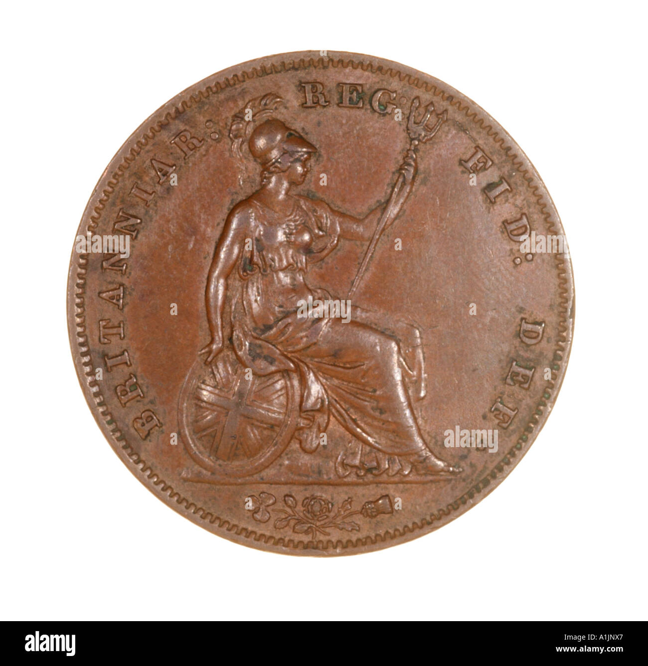 Un penny Victoria Regina Vittoriano imperatrice empire vedova royal bronzo bun giovani 1858 britanniar dei gratia fid def reg 240 Foto Stock
