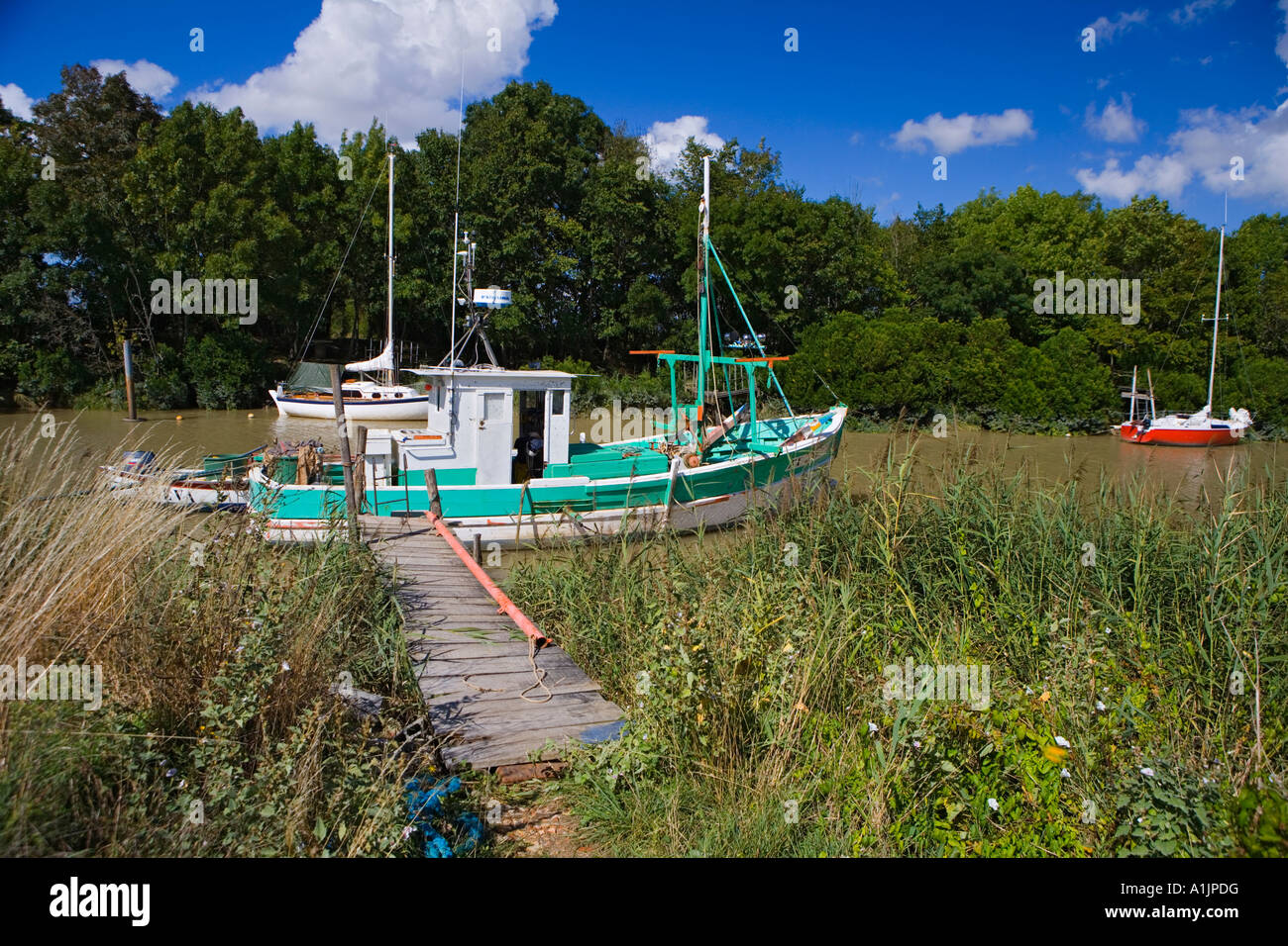 Barca da pesca e yacht ormeggiati in un affluente della Gironde, Médoc, Francia Foto Stock