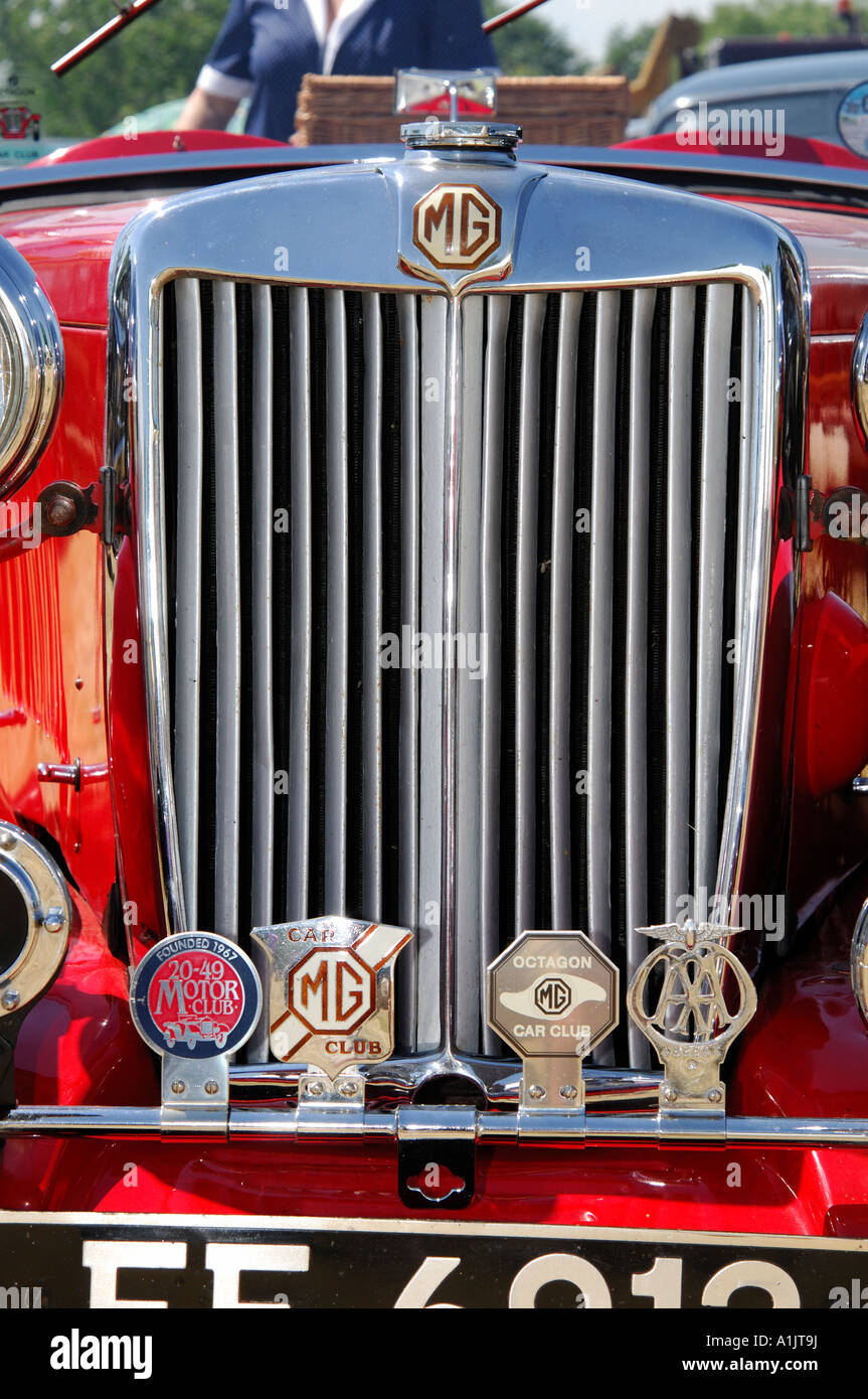 Close up di un rosso vintage MG motore griglia di auto Foto Stock