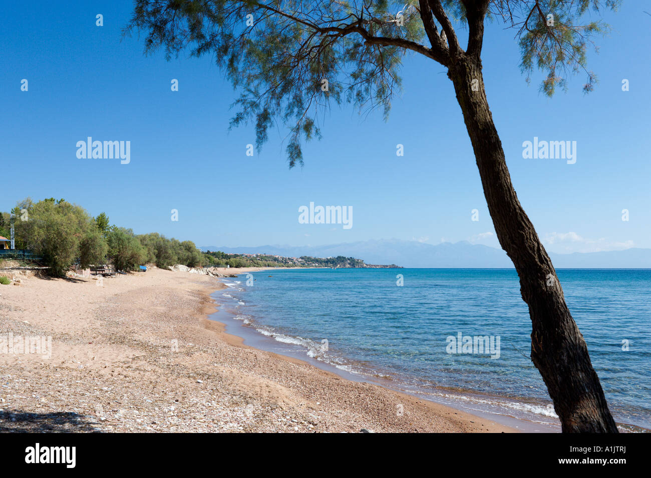 Estremità meridionale di Zaga Beach, Koroni, Peloponneso, Grecia Foto Stock