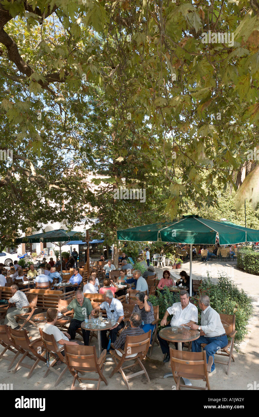 Cafe in piazza cittadina, Pylos, vicino Yialova, Messinia, Peloponneso, Grecia Foto Stock