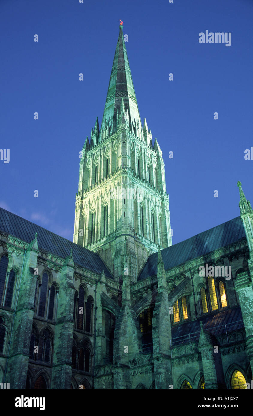 La Cattedrale di Salisbury illuminata di notte, Salisbury, Wiltshire, Inghilterra, Regno Unito Foto Stock