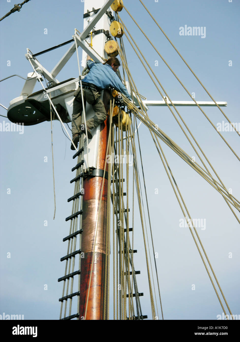 Lavoratori di sesso maschile e di sesso femminile fare maintence e riparazioni sul tall ship Highlander ancorato nel St Clair River Port Huron Michigan Foto Stock