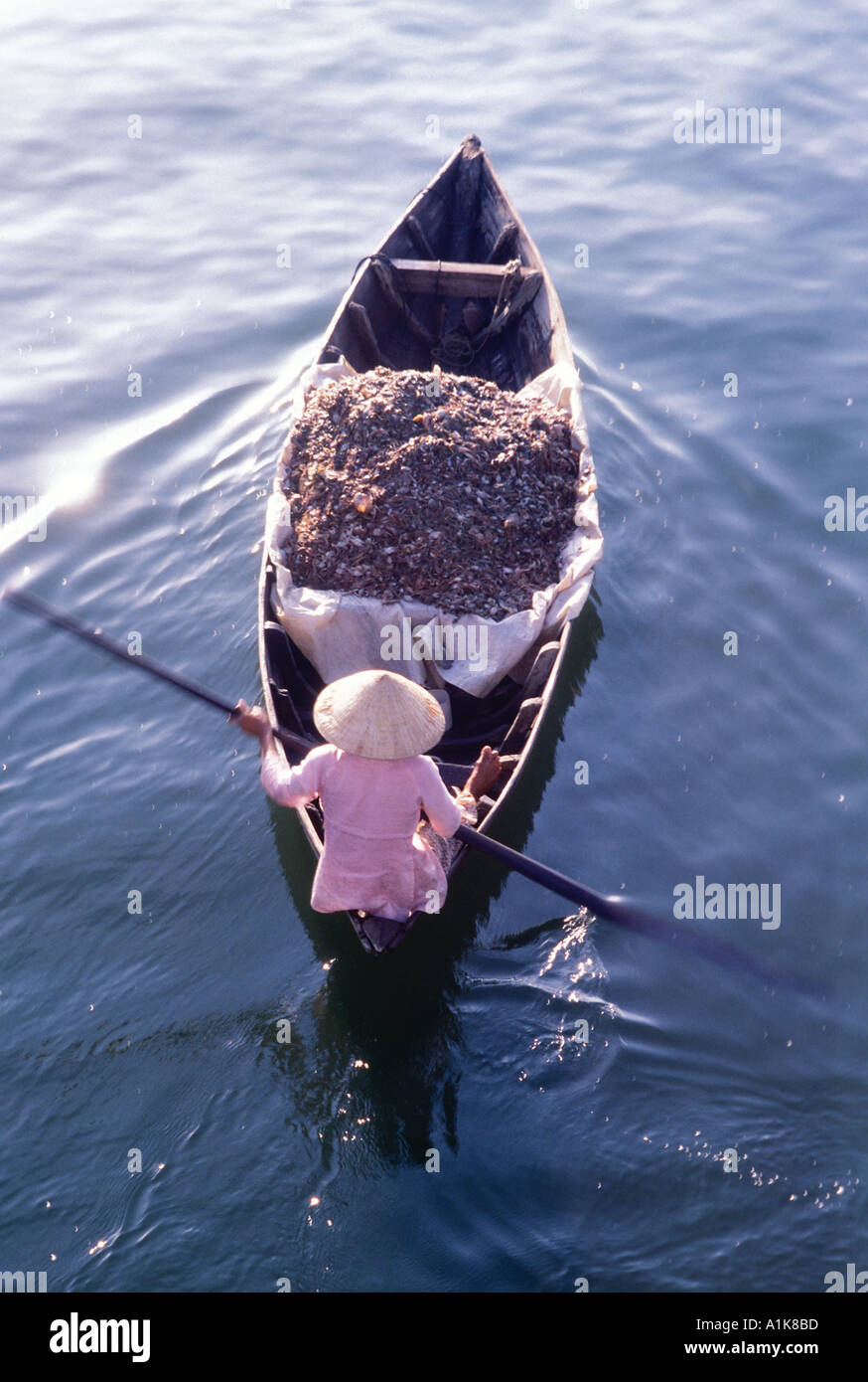 Donna vietnamita solo in un laden sampan Thu Bon River Hoi An Vietnam Foto Stock