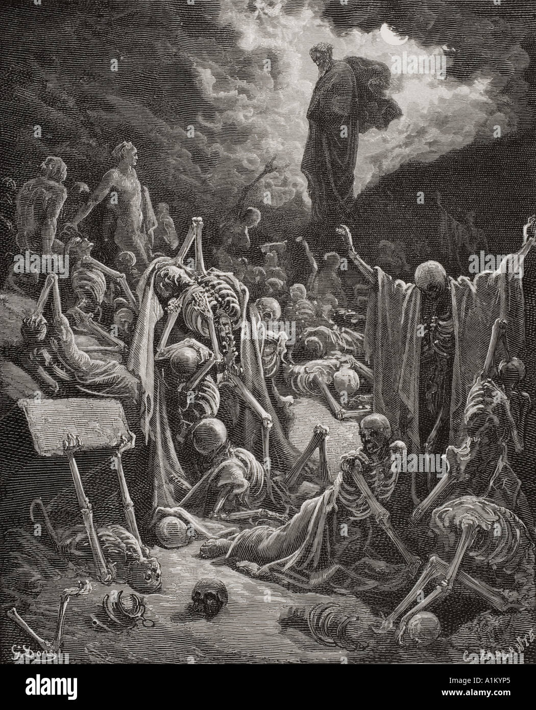 Incisione dall'Dore la Bibbia che illustra Ezechiele xxxvii 1 e 2. La visione della Valle delle ossa inaridite da Gustave Dore Foto Stock