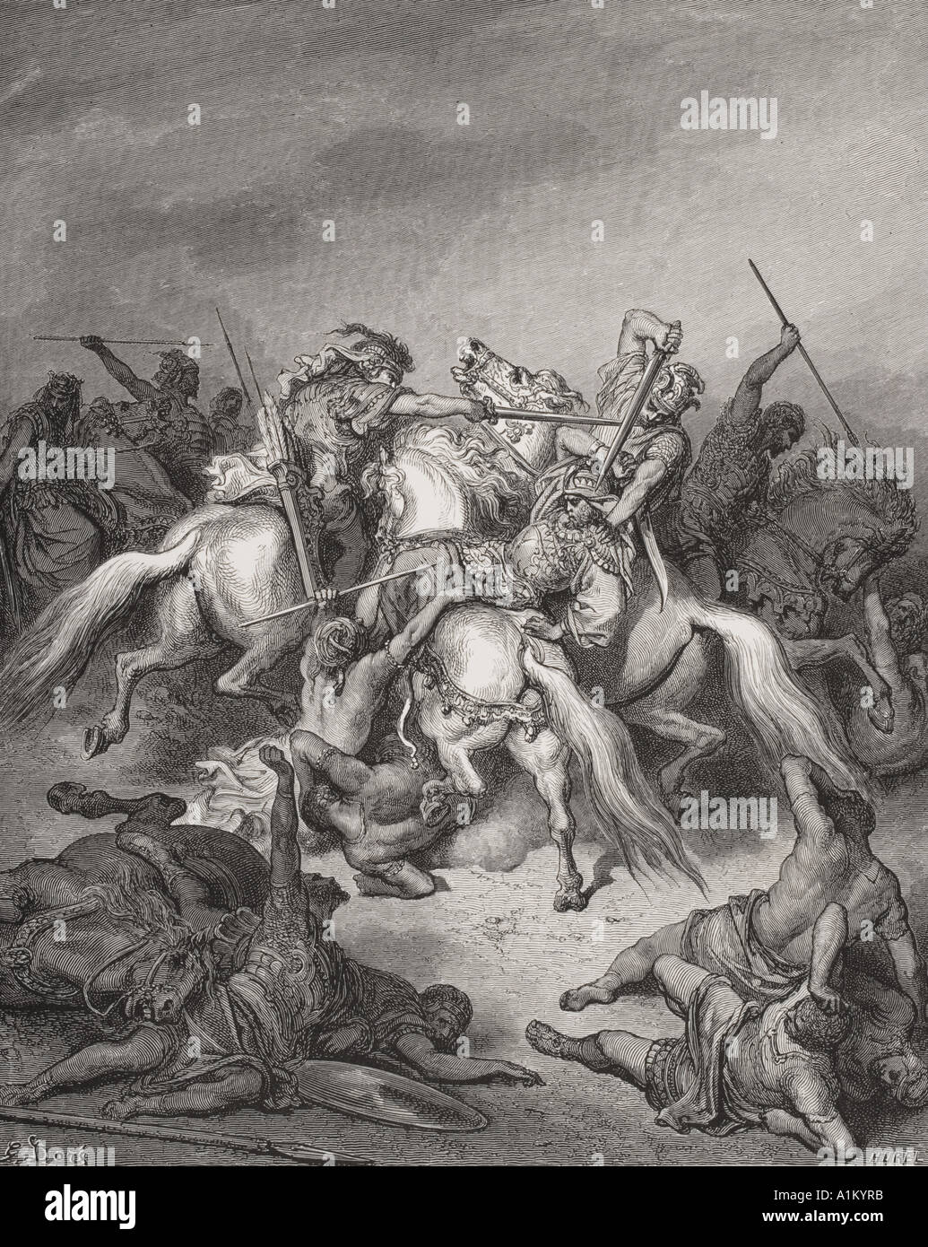 Incisione dall'l'Dore la Bibbia che illustra 2 Samuele xxi 16 e 17. Abishai salva la vita di David da Gustave Dore Foto Stock