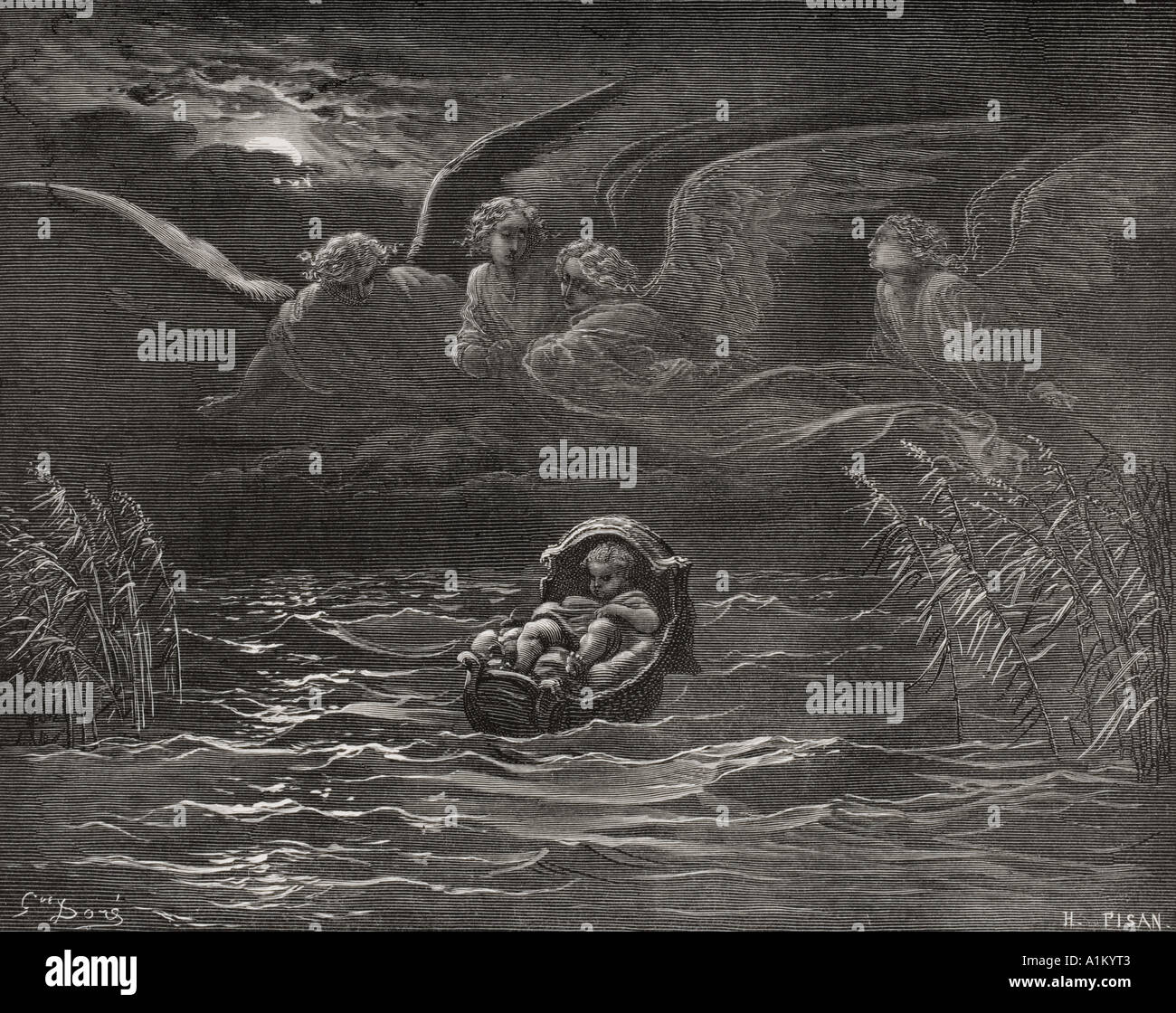 Incisione dall'l'Dore la Bibbia che illustra l'Esodo ii da 1 a 4.Il bambino Mosè sul Nilo da Gustave Dore Foto Stock