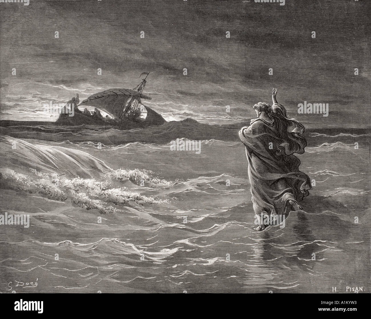 Incisione dall'l'Dore la Bibbia che illustra Giovanni vi 19 a 21. Gesù che camminava sul mare da Gustave Dore Foto Stock