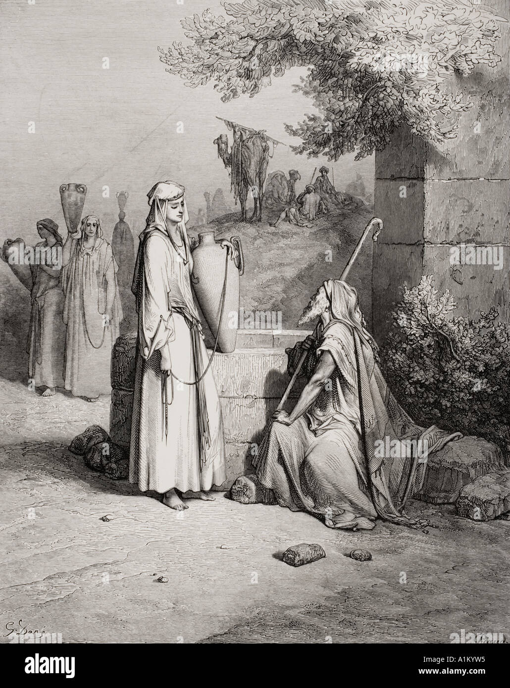 Incisione dall'Dore la Bibbia che illustra la genesi xxiv 15 a 21. Eliezer e Rebecca da Gustave Dore Foto Stock