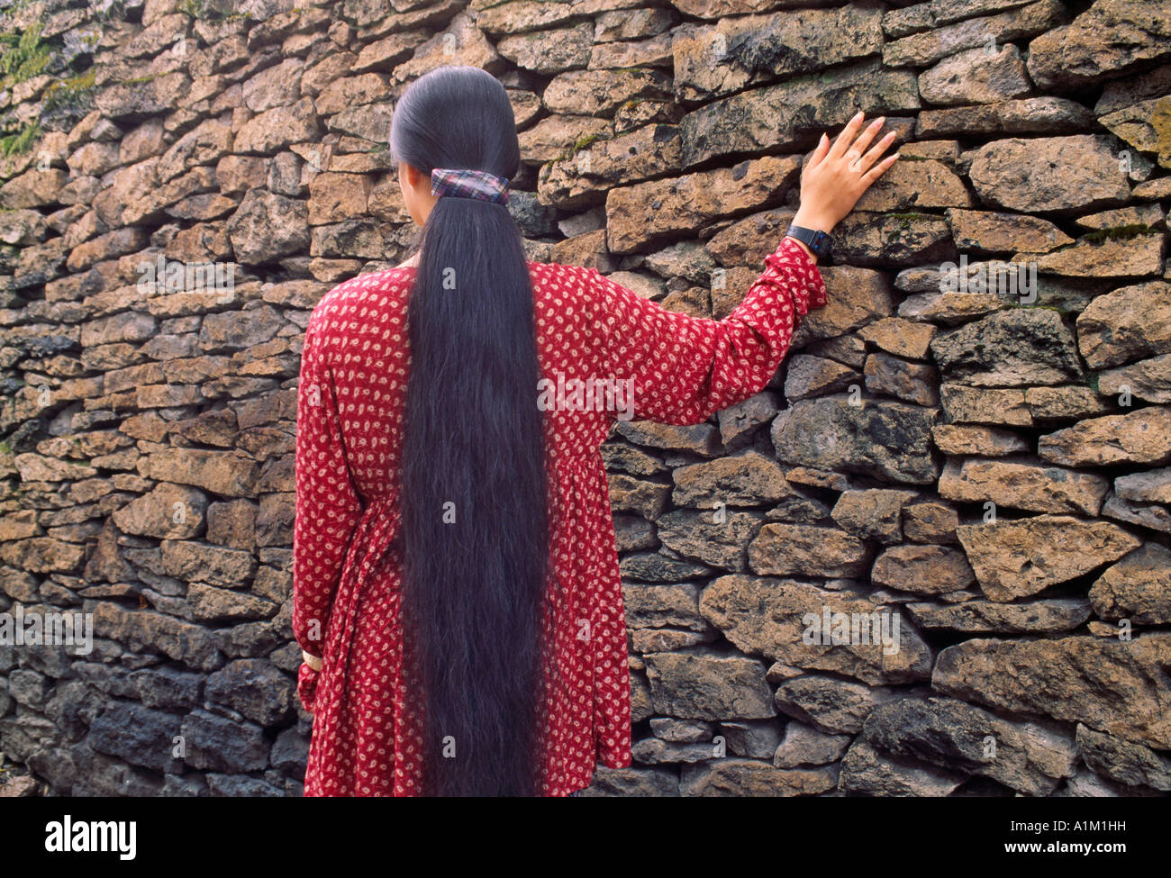 La Cina nella provincia di Zhejiang Shaoxing ragazza con i capelli lunghi dal vecchio muro Foto Stock