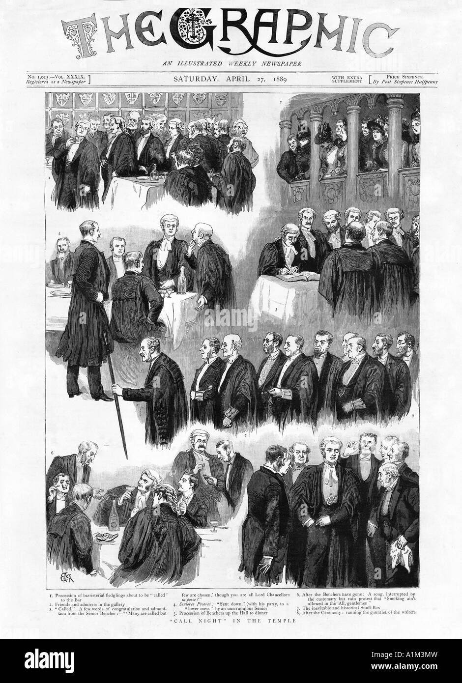 Chiamare la notte presso il Tempio 1889 rivista illustrazione della cerimonia dove il barristerial uccellini chiamati al bar Foto Stock