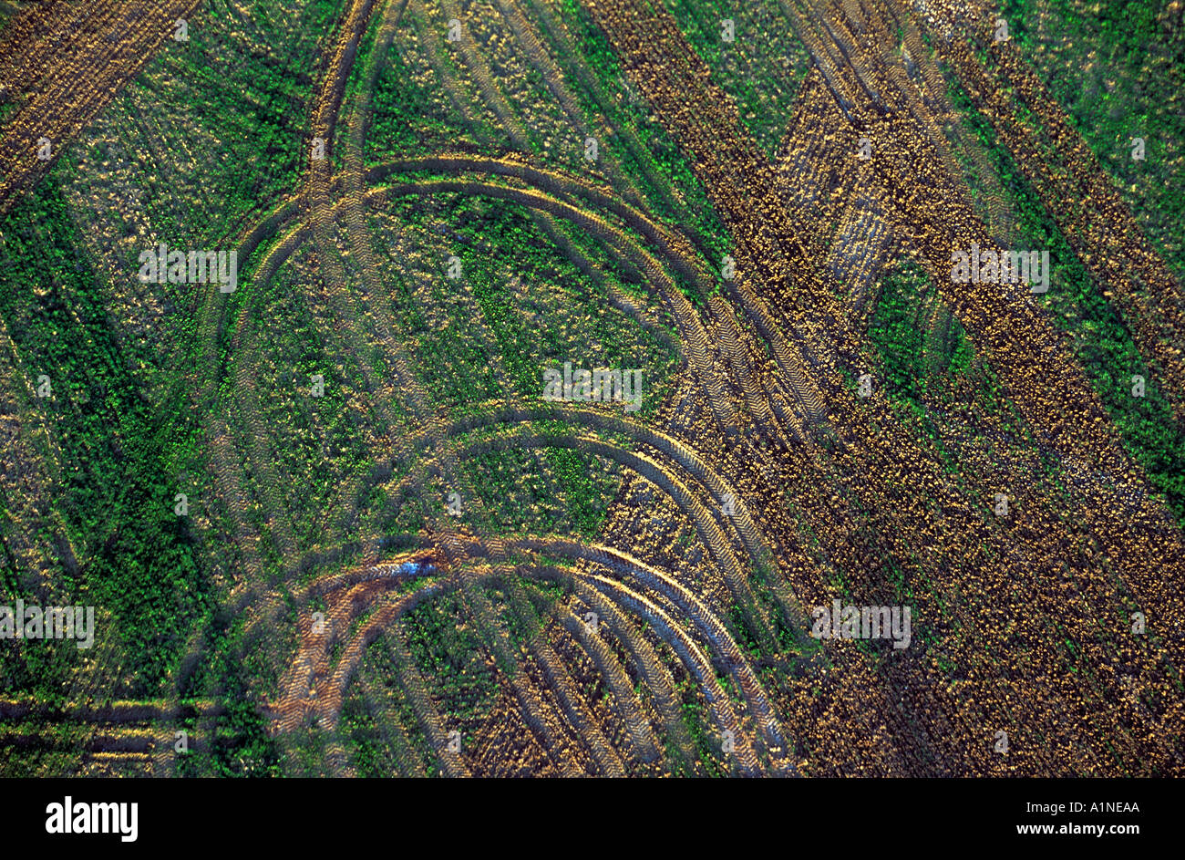 Antenna le tracce dei pneumatici nei campi sui terreni agricoli Foto Stock