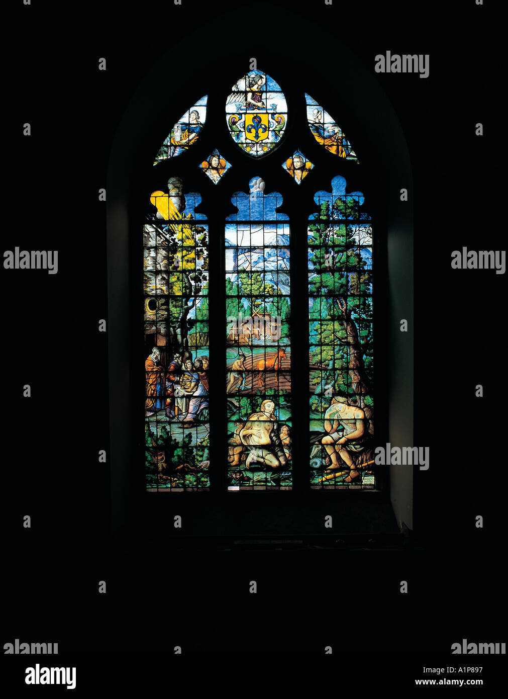 Vetrata nella cappella di Abraham van Linge Adam eve piange vi sacco University College di Oxford Foto Stock