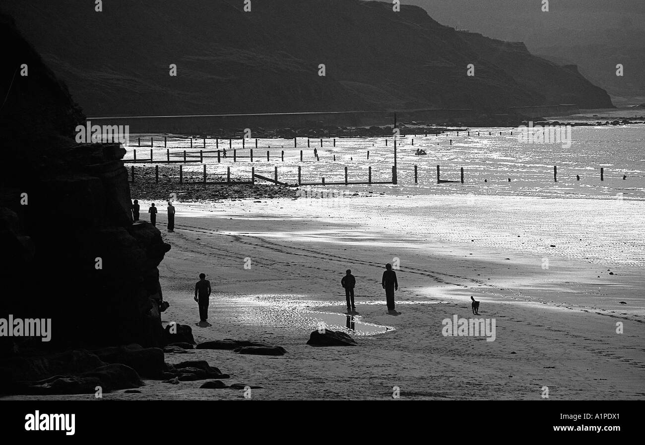 Silhouette di gruppi di persone su una spiaggia soleggiata sulla costa orientale dell'Inghilterra a bassa marea. Foto Stock