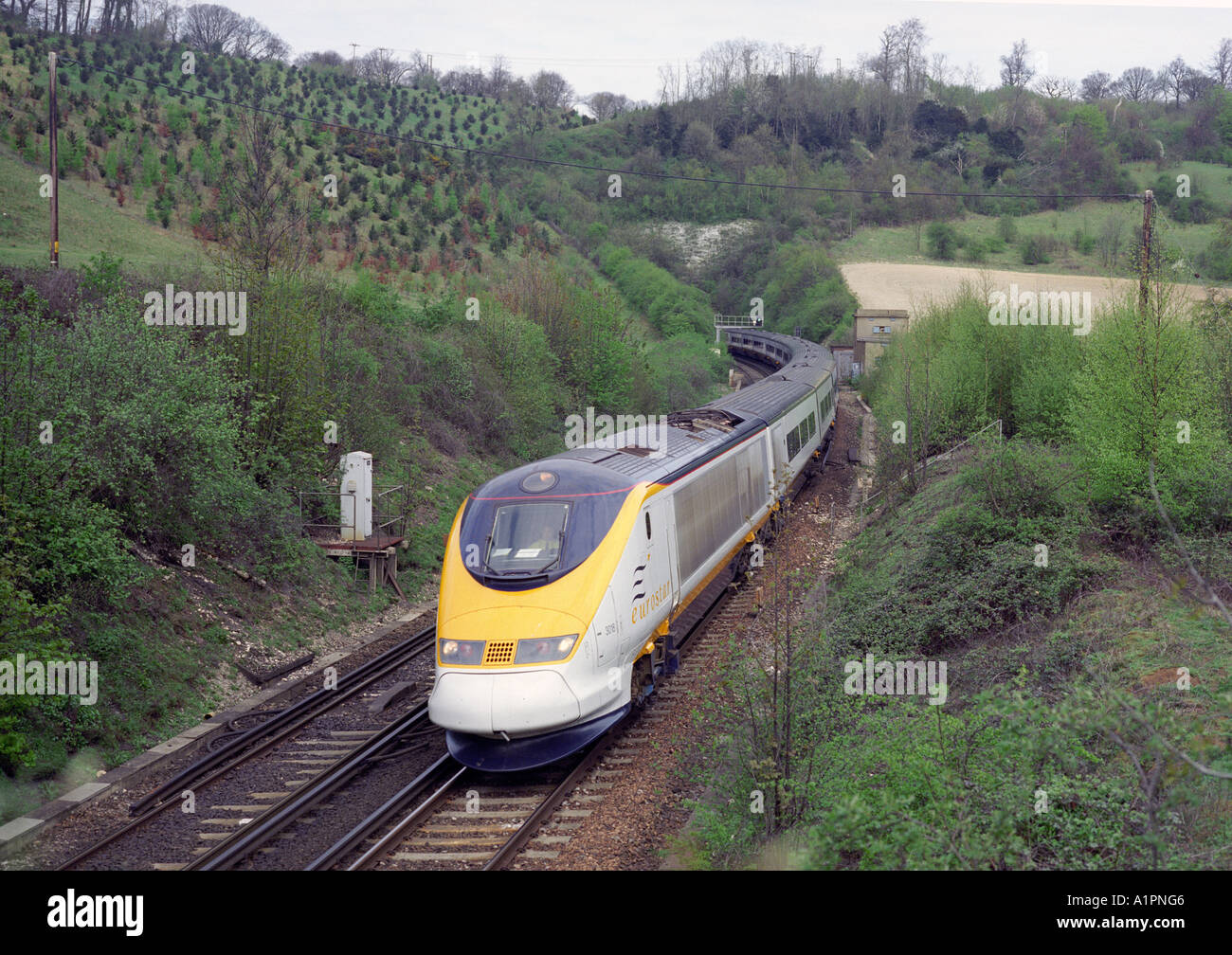 Il treno Eurostar No.3018 al Tunnel Polhill, vicino a Sevenoaks, Regno Unito Foto Stock