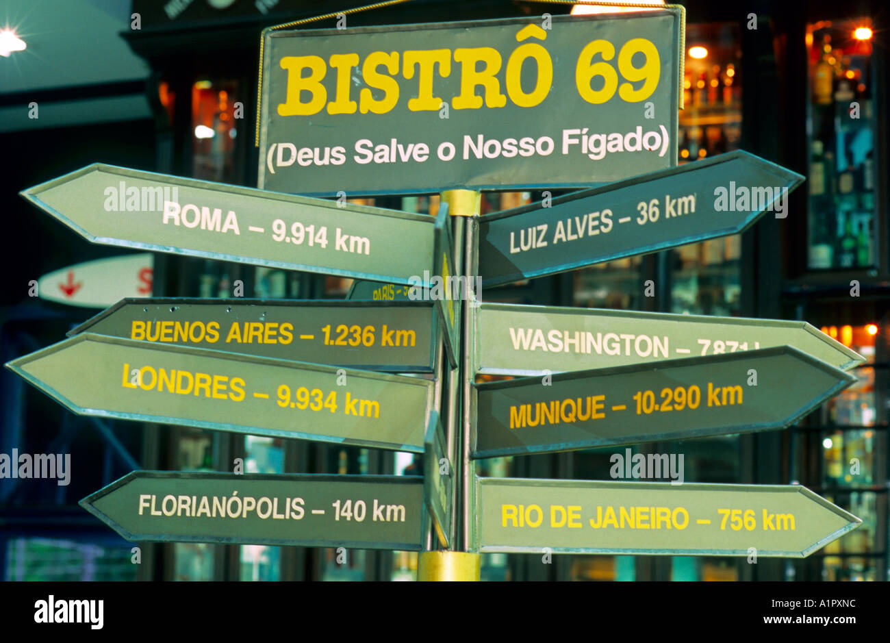 Segnale di destinazione, il Bistro 69, centro commerciale Neumarkt, Blumenau, Santa Catarina, Valle Europea, Sud America Foto Stock