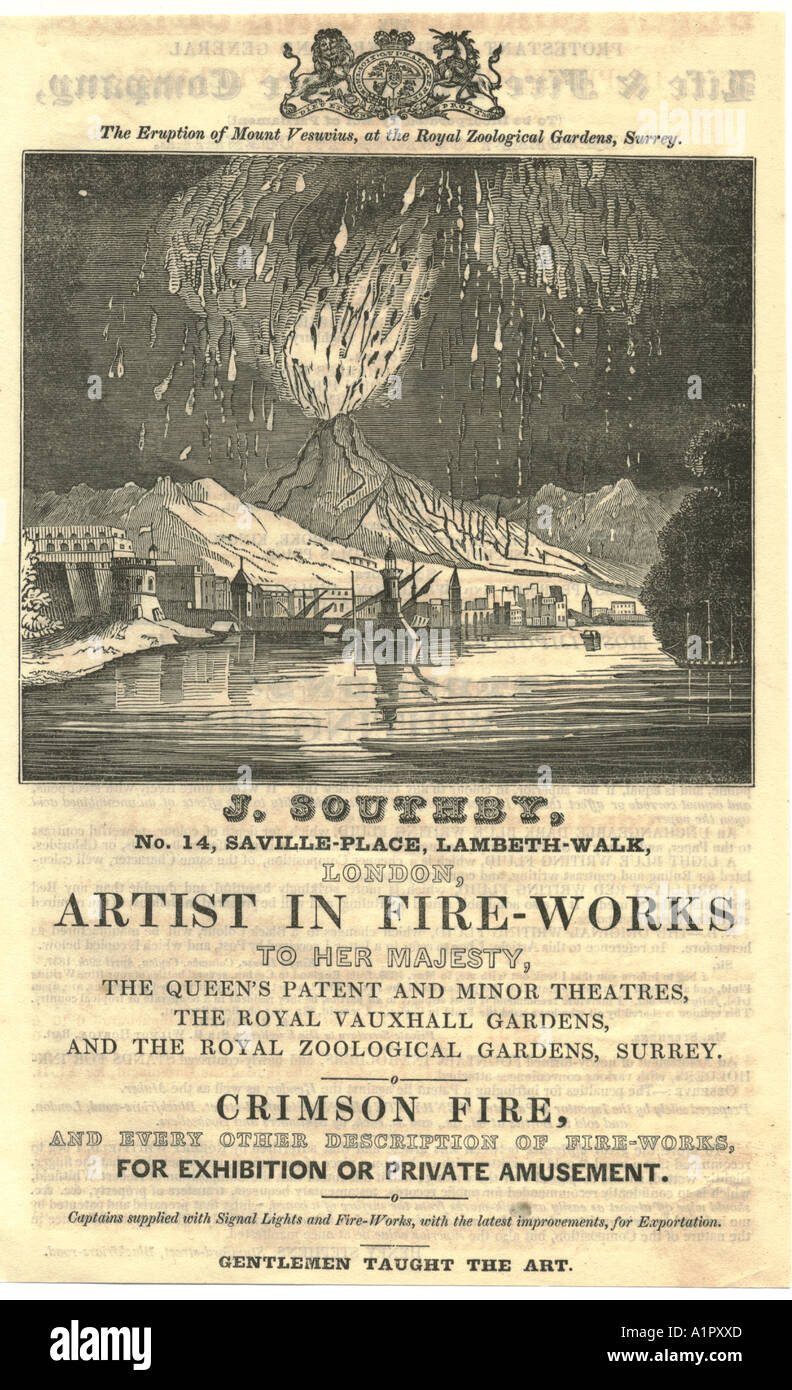 Artista dei fuochi d'artificio, J. Southby, No. 14 Saville-Place, Lambeth Walk, Londra. annuncio pubblicitario intorno al 1837 Foto Stock