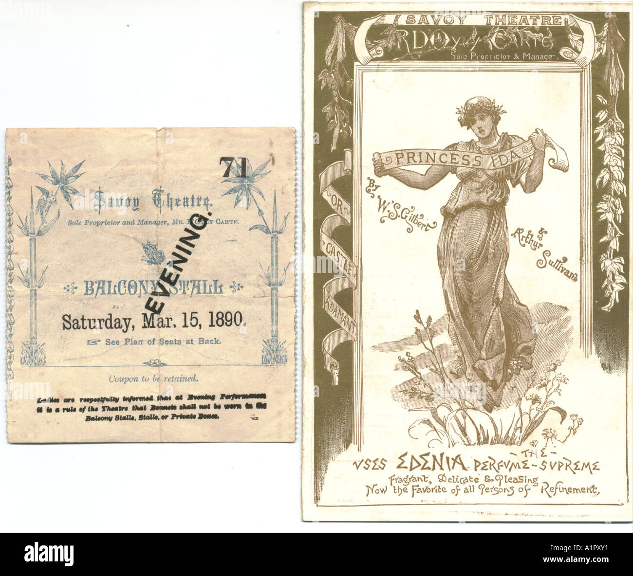 Savoy Theatre, Londra, programma per la principessa Ida e biglietto 1890 Foto Stock