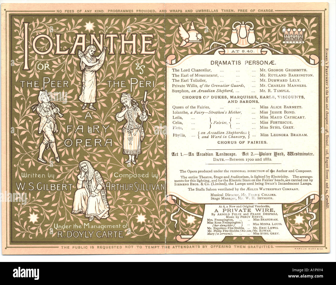 Savoy Theatre, Londra, programma per Iolanthe, all'interno di pagine circa 1884 Foto Stock