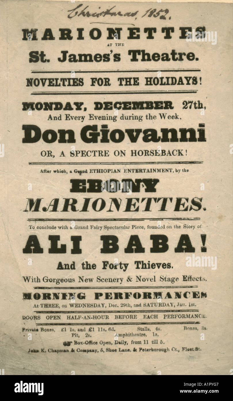 Il St James Theatre, Londra, depliant 1852 pubblicità marionette Foto Stock