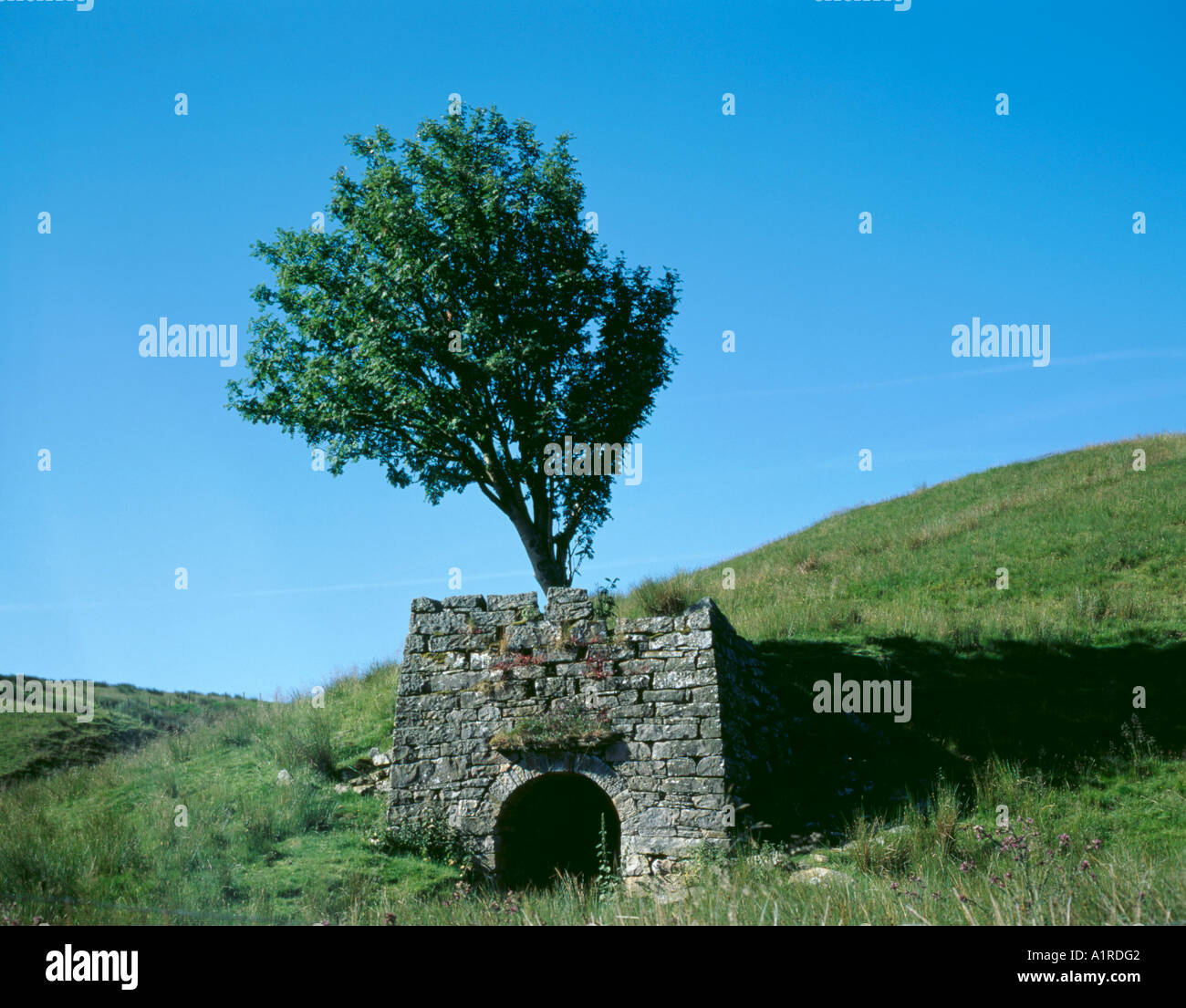 Vecchia fornace di calce al di sopra del villaggio di Keld, Swaledale superiore, Yorkshire Dales National Park, North Yorkshire, Inghilterra, Regno Unito. Foto Stock