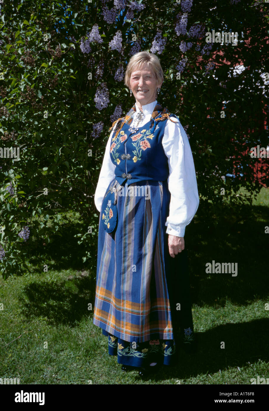 Donna che indossa un bunad, Norvegia. Foto Stock