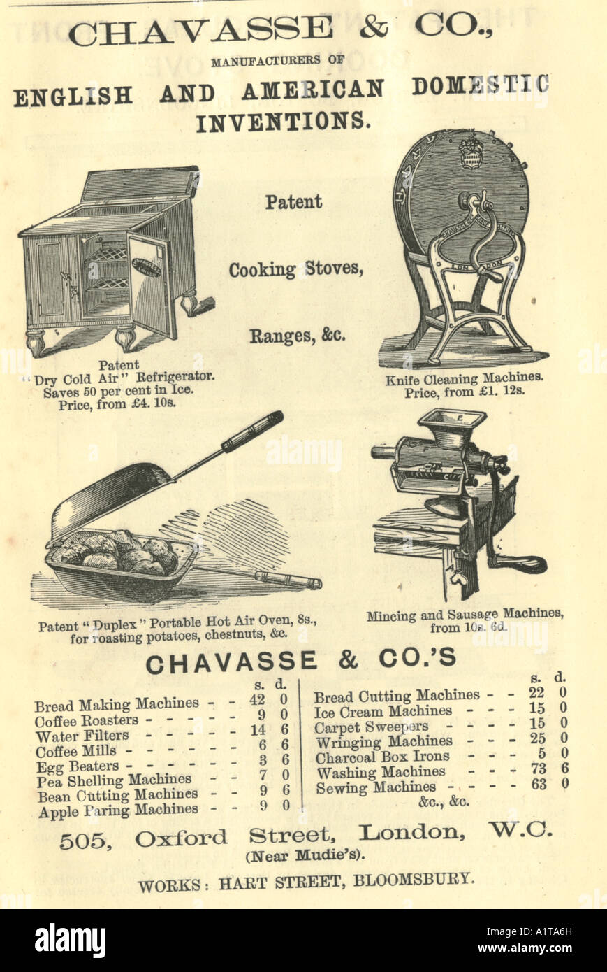 Pubblicità per la cucina domestica attrezzature 1872 Foto Stock