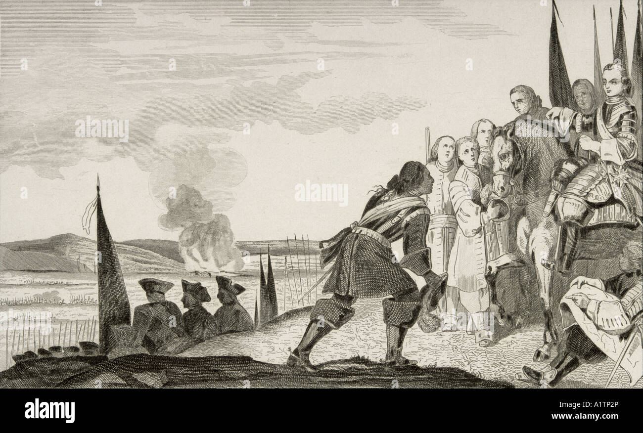 Luigi XV alias Luigi L'Amato, 1710 - 1774, alla battaglia di Fontenoi nel 1745. Da Histoire de France di Colart pubblicato circa 1840 Foto Stock