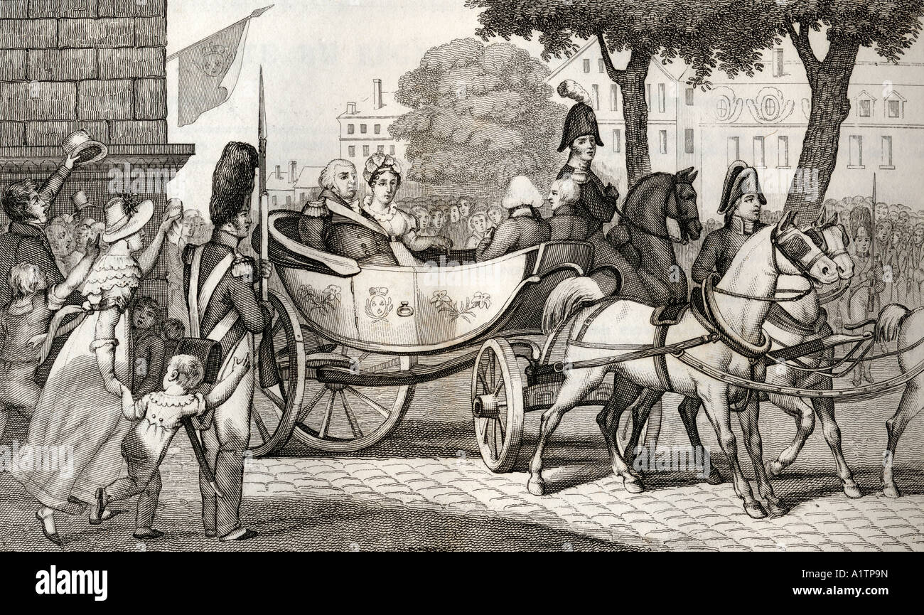 Luigi XVIII noto come Il Desiderato, 1755 - 1824, entra a Parigi alla Restaurazione del 1814. Da Histoire de France di Colart, pubblicato circa 1840. Foto Stock