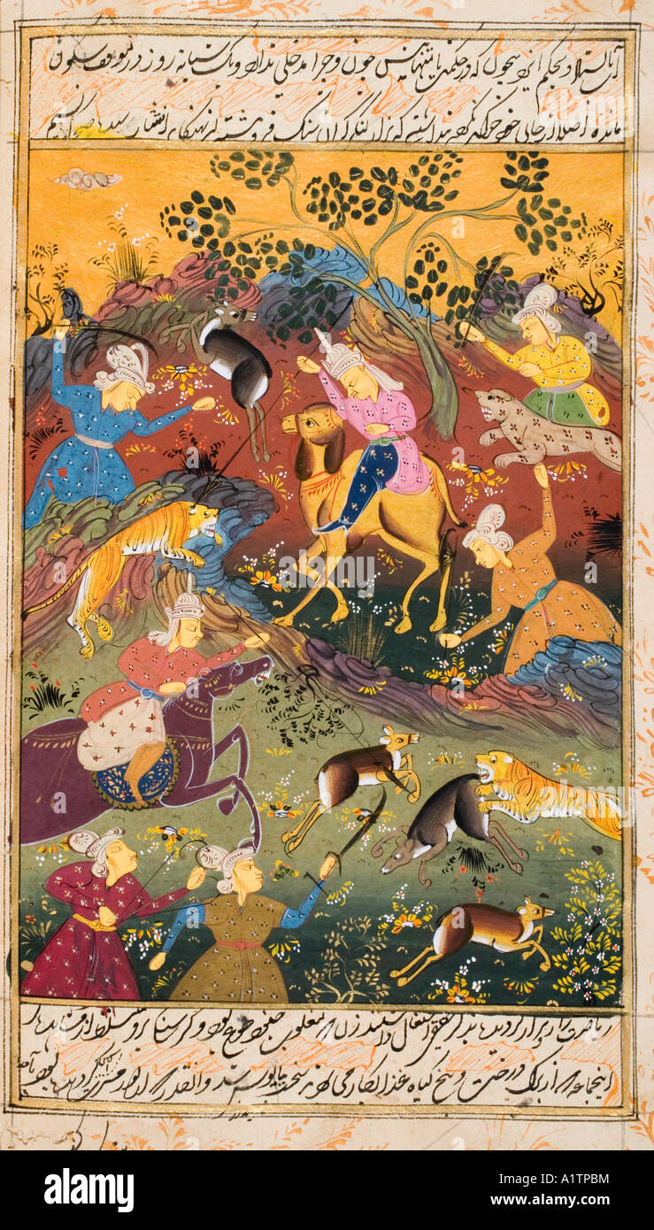 Pittura da un manoscritto persiano del 17th secolo. Cacciatori montati e a piedi uccidendo cervi e tigre. Foto Stock