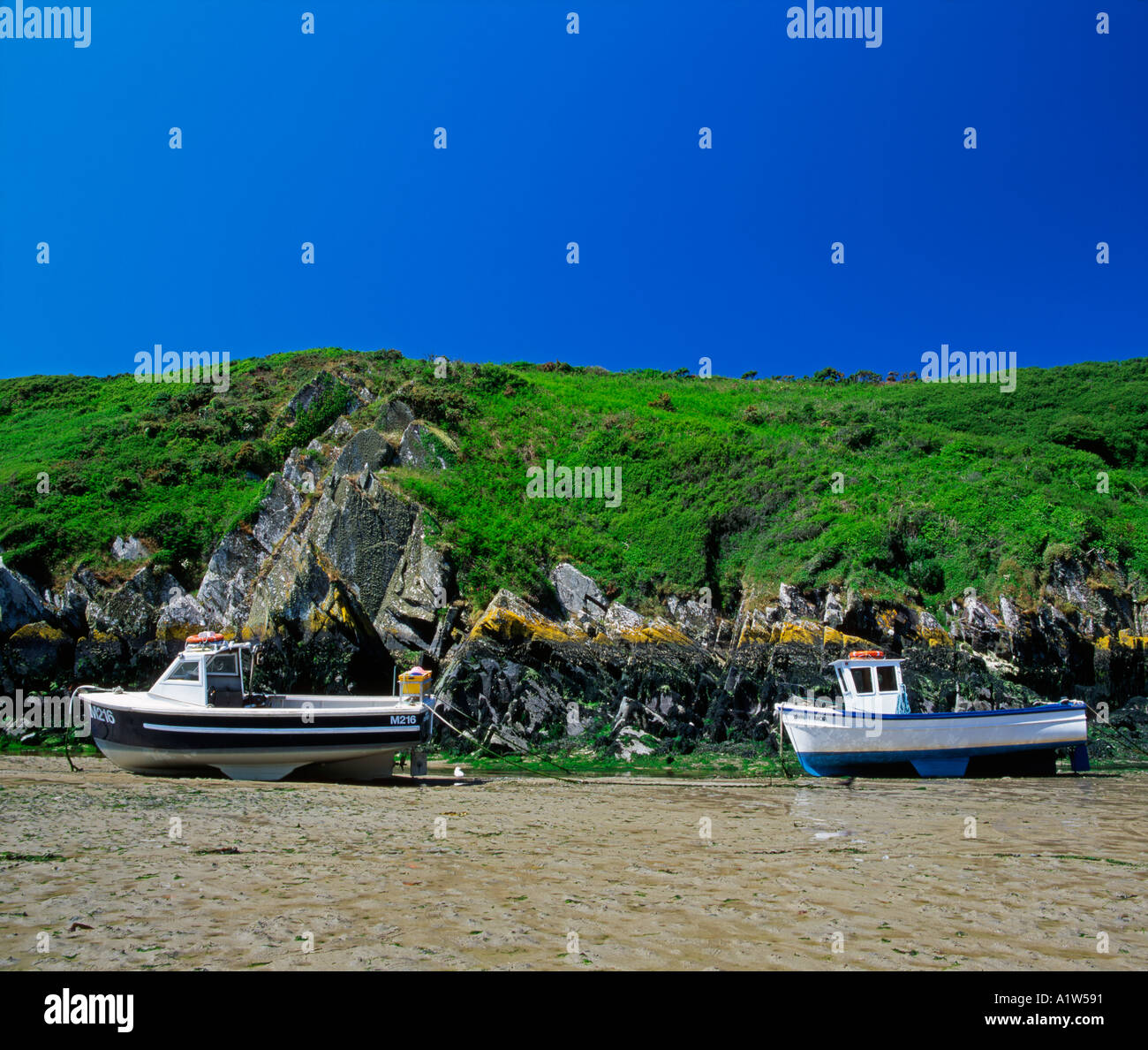 Piccole imbarcazioni a Porth Clais vicino a St David s Pembrokeshire Foto Stock