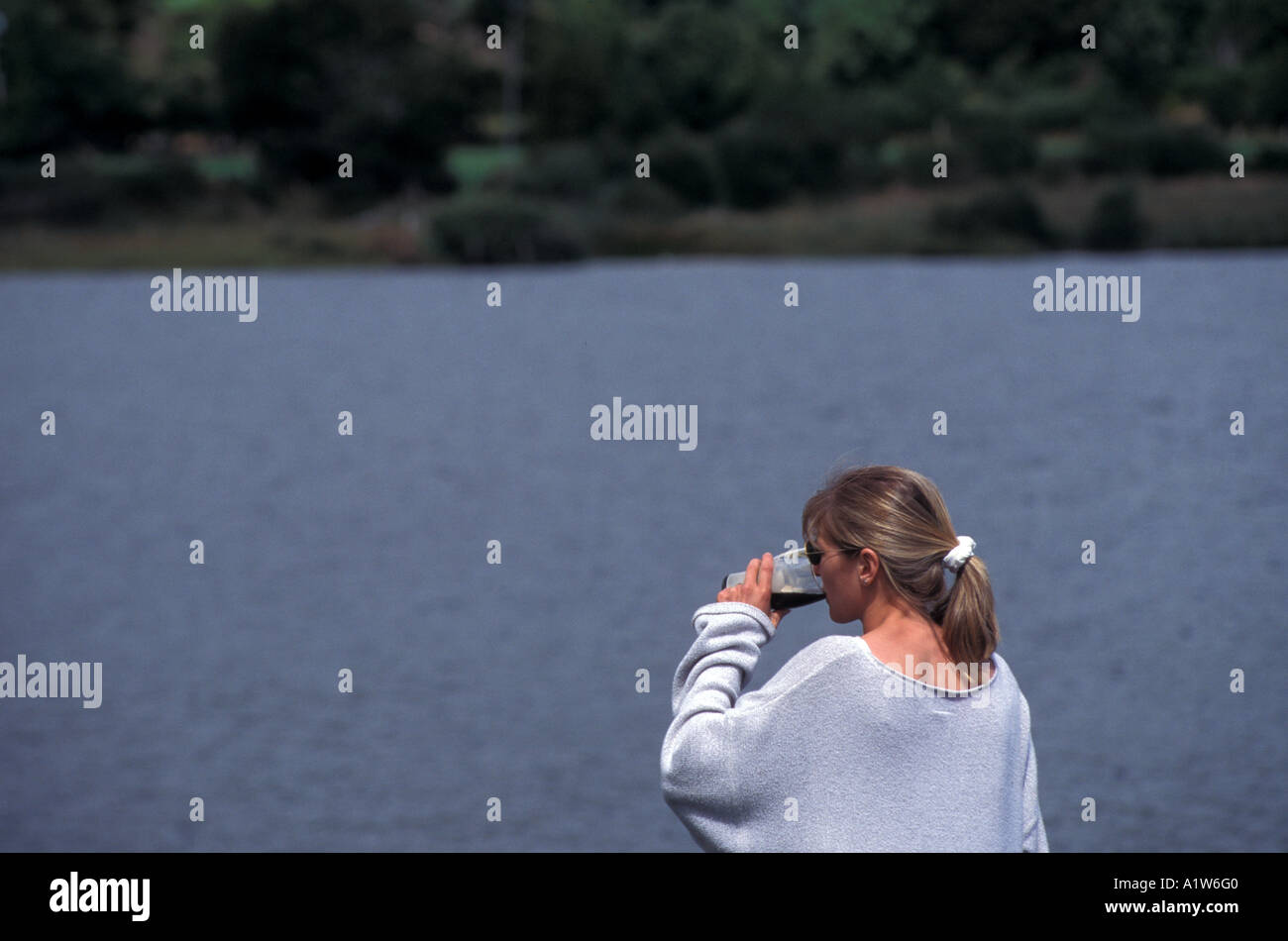 L'Irlanda donna potabile vetro pinta di birra Stout dal lago Foto Stock