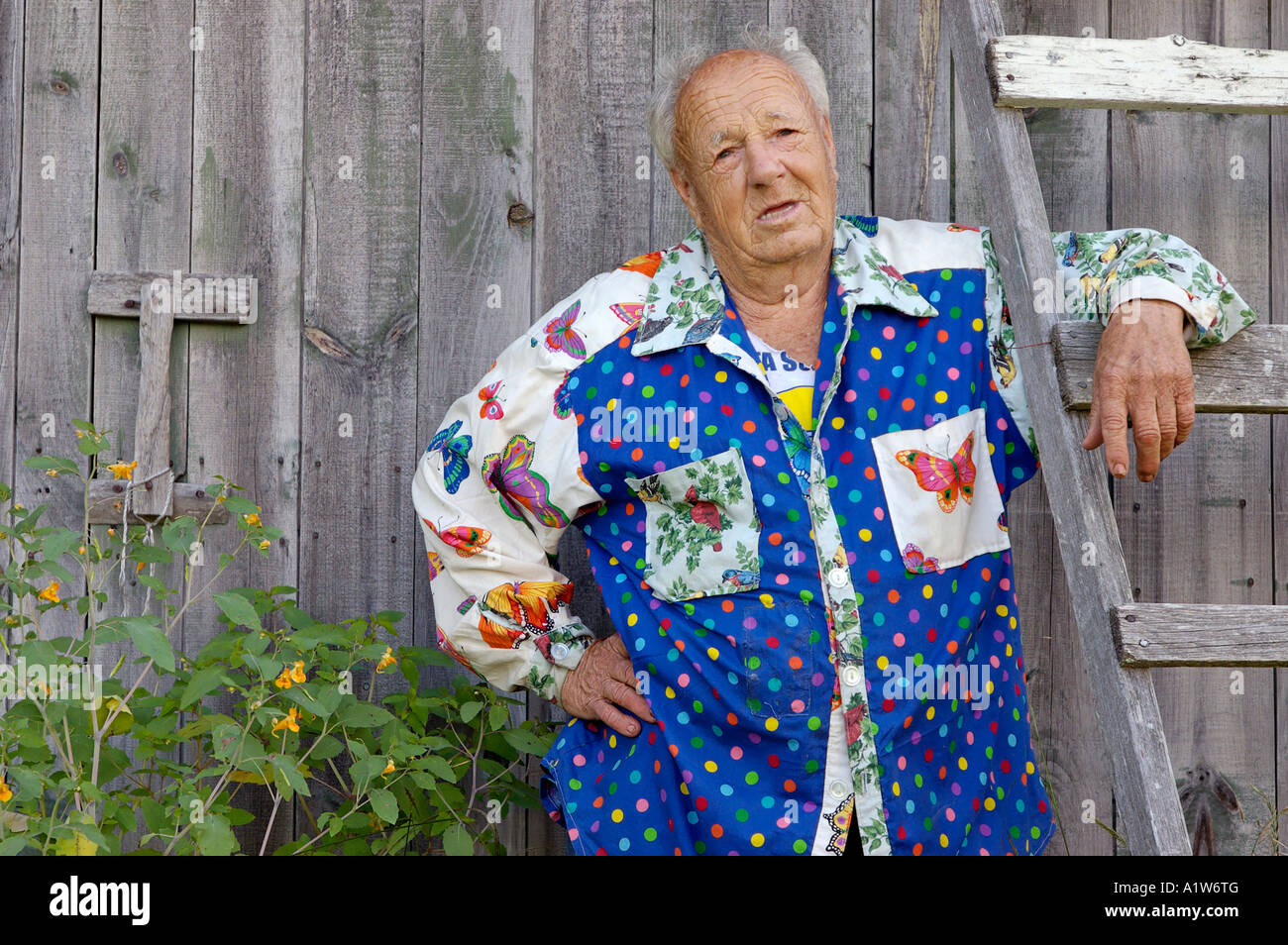 Il vecchio uomo in posa con scaletta West Rockport Maine USA Foto Stock