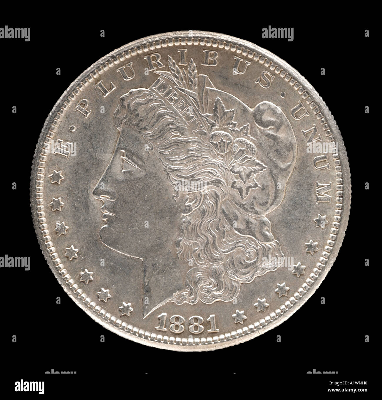 1881 morgan silver dollar testa a sinistra di noi usa America American Stati Uniti 100 centesimi un centinaio di numeri decimali Foto Stock