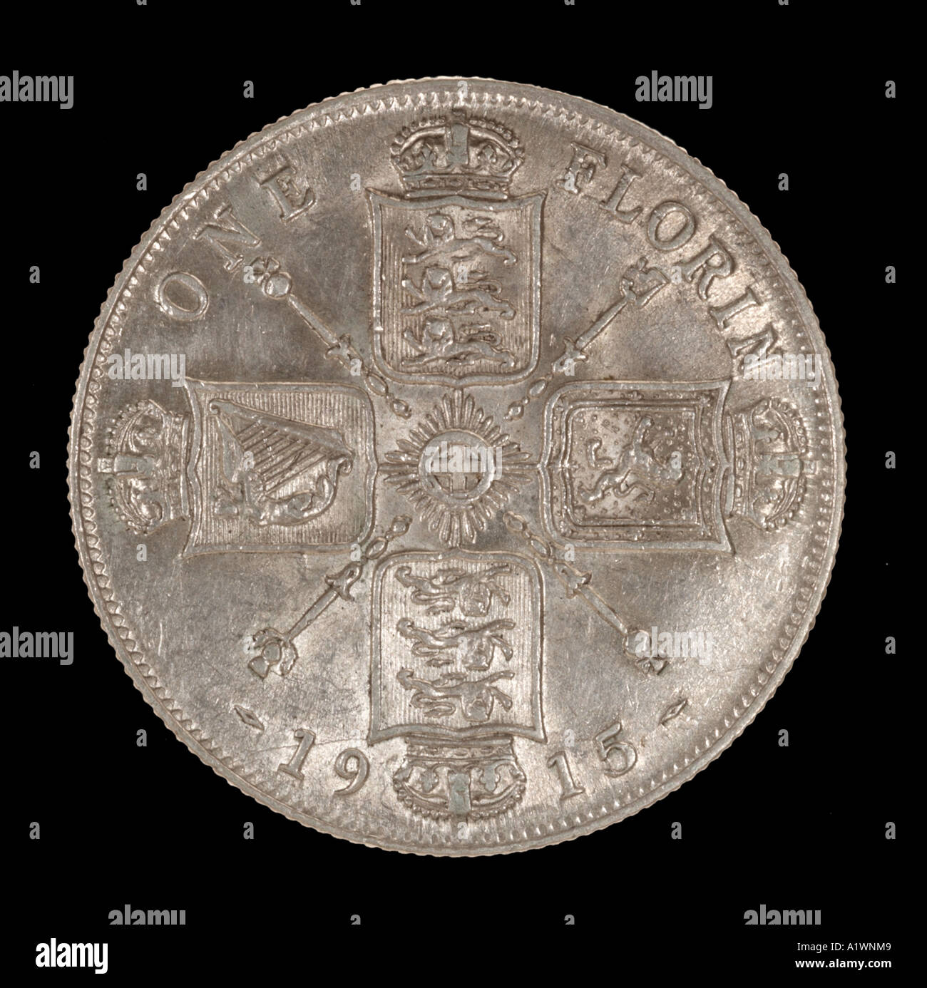 King George V 6 Reg fid def pre decimale scellino 2 Florin 24 venti quattro vecchi pence P 1915 argento brillante cappotto di cresta bracci omn rex Foto Stock