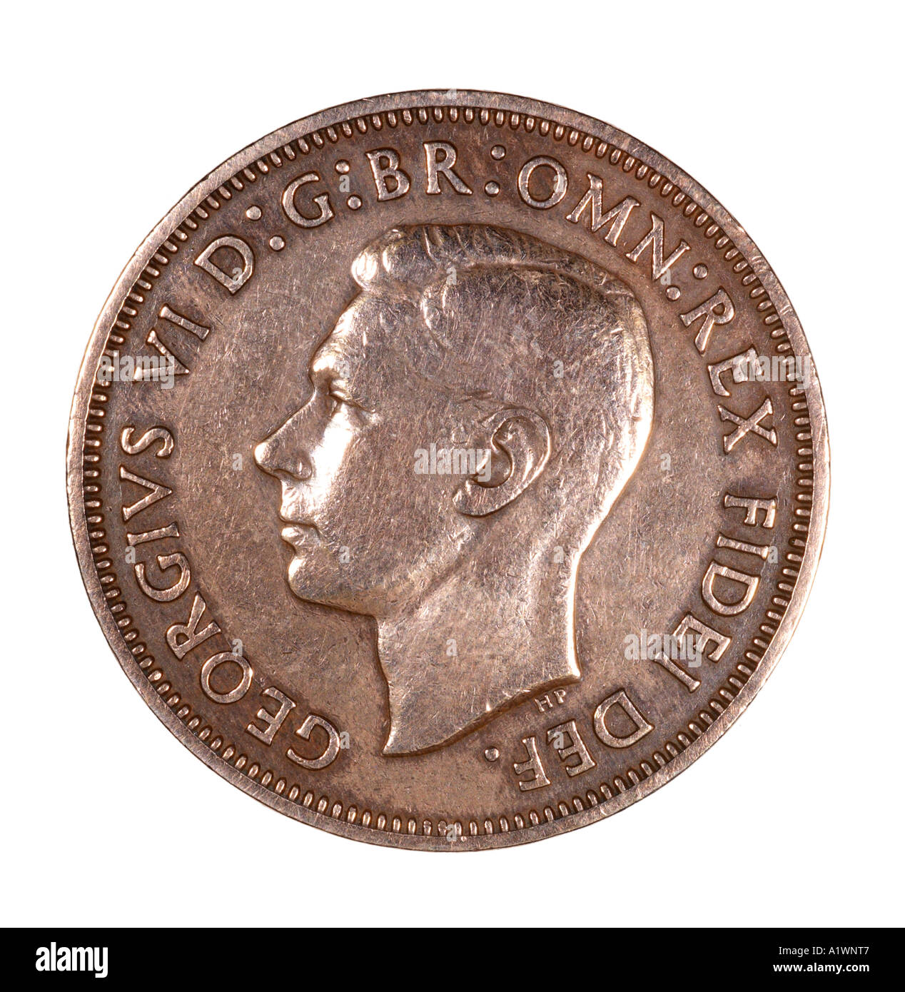 King George VI Reg fid def pre mezzo decimale penny vecchi pence P 1949 rame testa luminosa sinistra omn rex dei Foto Stock