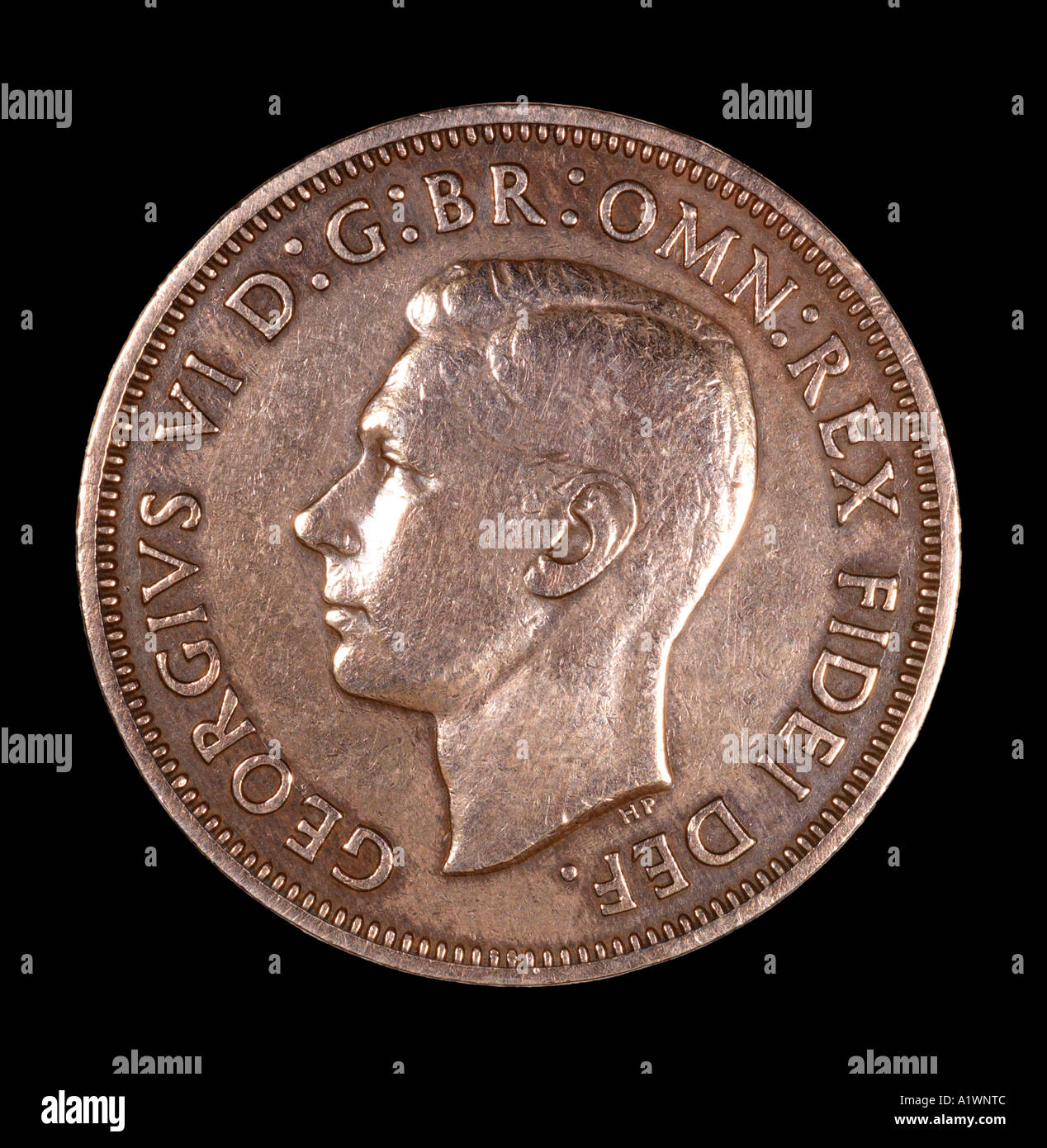 King George VI Reg fid def pre mezzo decimale penny vecchi pence P 1949 rame testa luminosa sinistra omn rex dei Foto Stock