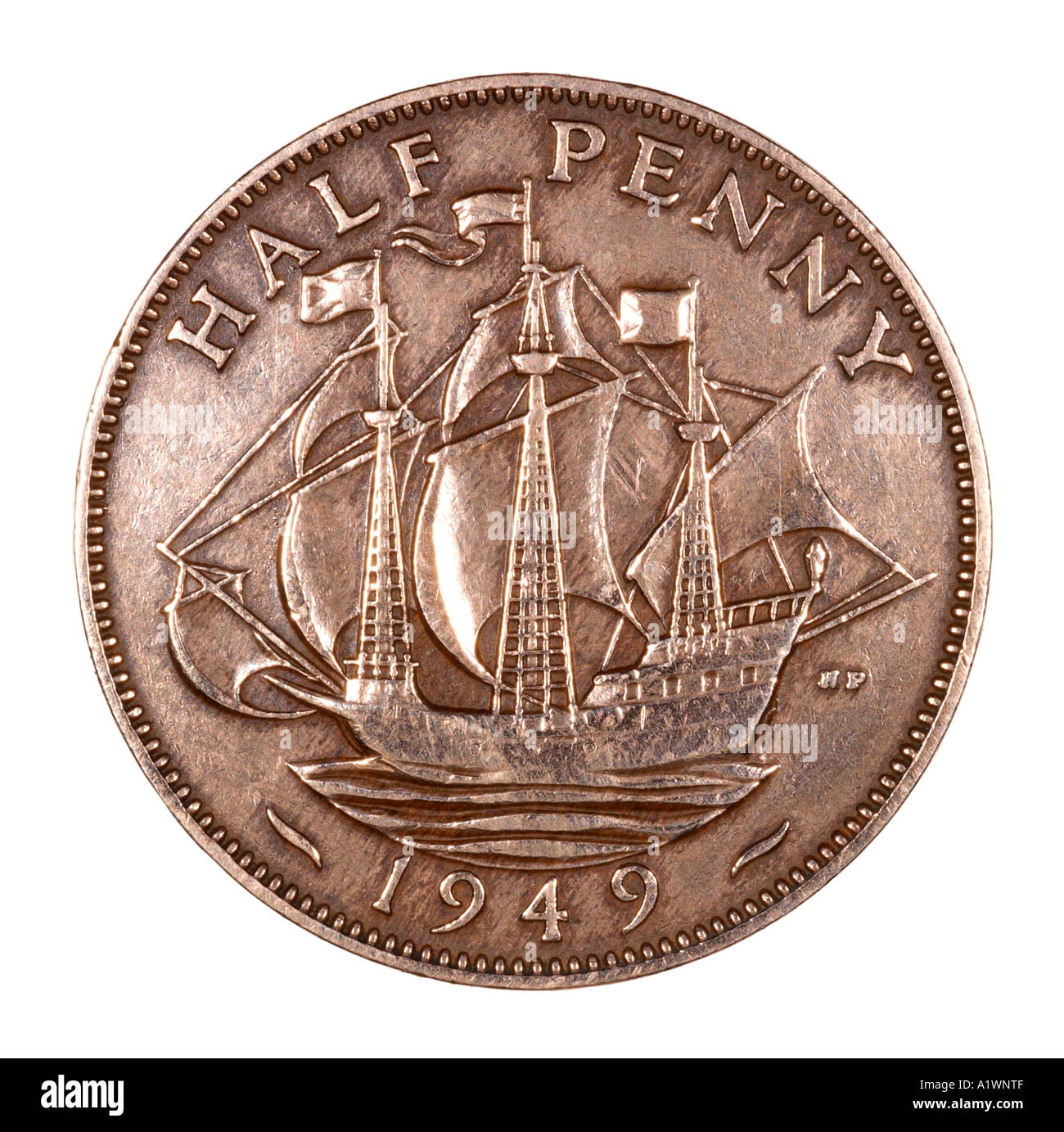 King George VI Reg fid def pre mezzo decimale penny vecchi pence P 1949 rame bright barca vela marittimo fregata marino Foto Stock